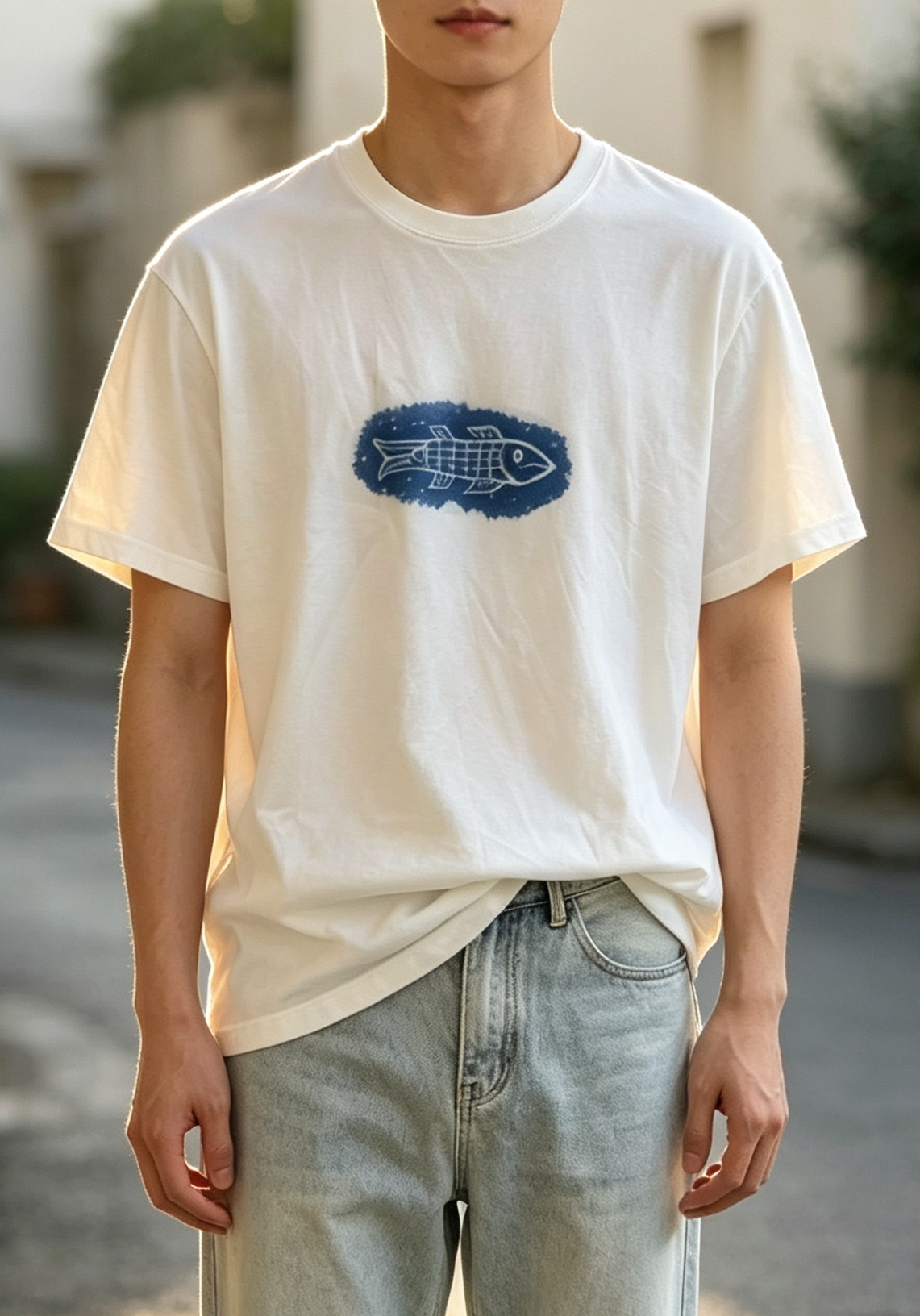 Handmade Han Dynasty Fish Batik T-Shirt | Natural Indigo Cotton Graphic Tee | Oriental Traditional Shirt | Hand-Dyed Unisex Art Tee | Cultural Gift