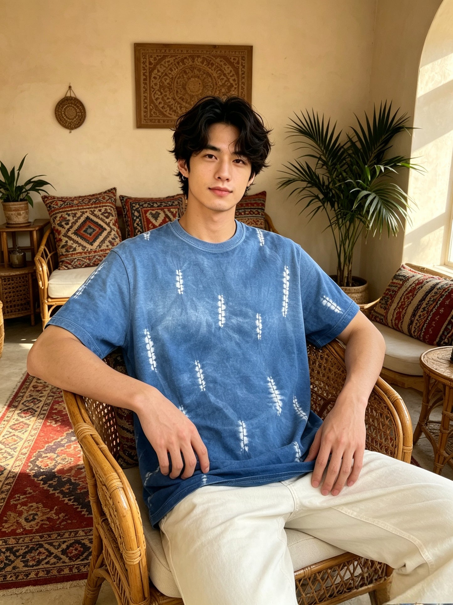 Handmade Indigo Shibori Tie-Dye T-Shirt | Natural Indigo Cotton Tee | Floral String Tie Dye Shirt | Unisex Handmade Graphic Tee | Wearable Textile Art