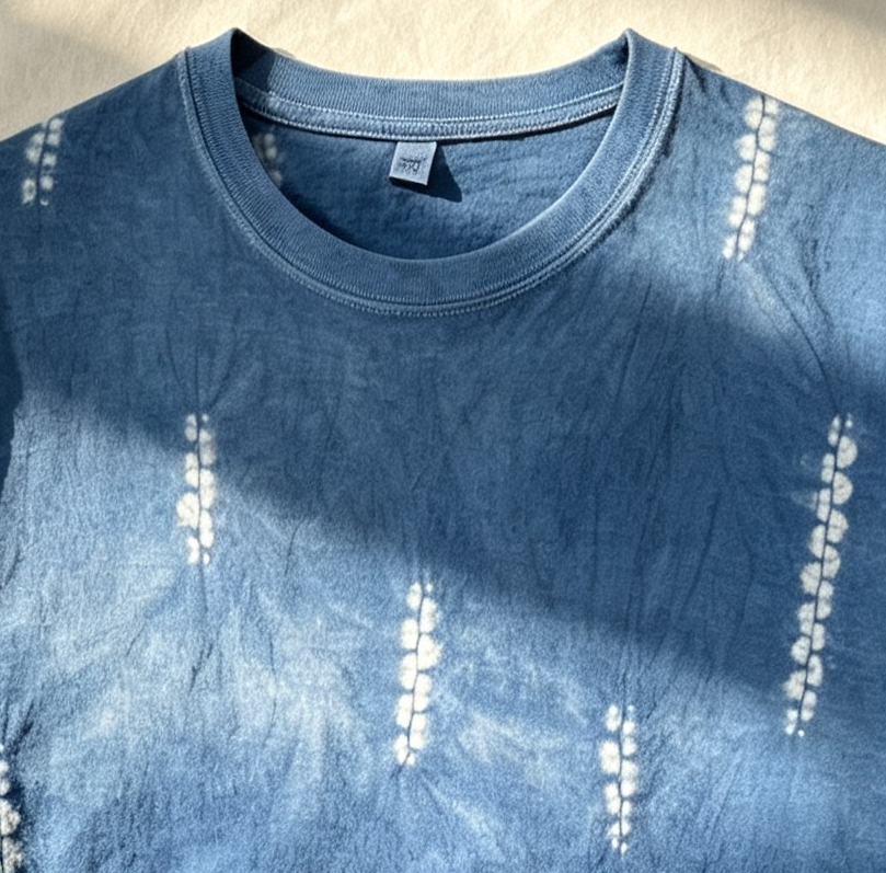 Handmade Indigo Shibori Tie-Dye T-Shirt | Natural Indigo Cotton Tee | Floral String Tie Dye Shirt | Unisex Handmade Graphic Tee | Wearable Textile Art