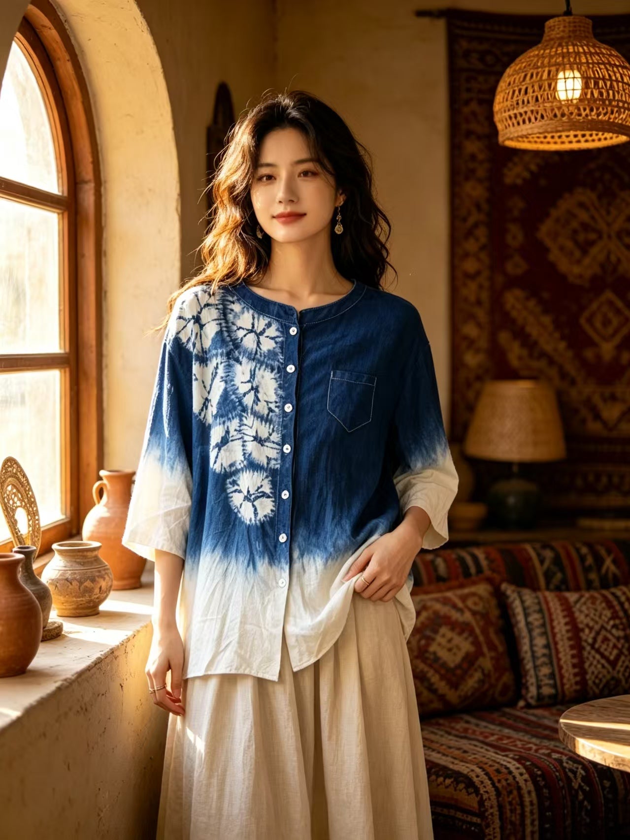 A woman stands indoors wearing a blue and white tie-dye button-front top with a chest pocket and a long cream skirt. The setting has warm rustic decor, including a woven pendant light, patterned cushions, and pottery near a sunlit window.
