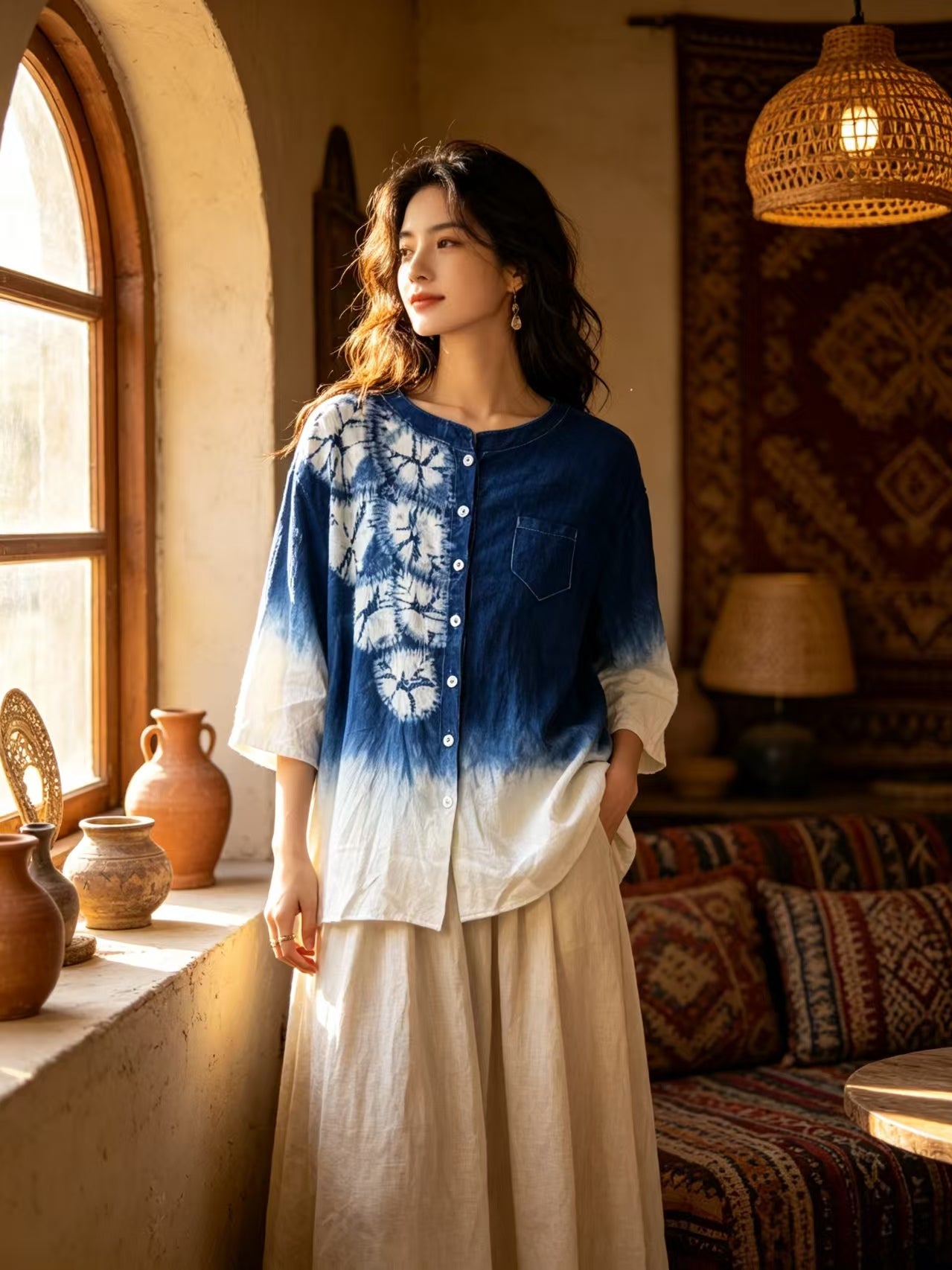 A woman stands in a warm, sunlit room wearing a blue and white tie-dye button-up shirt with three-quarter sleeves and a beige maxi skirt. The background features a rustic arched window, terracotta pots, a woven pendant light, and patterned textiles.