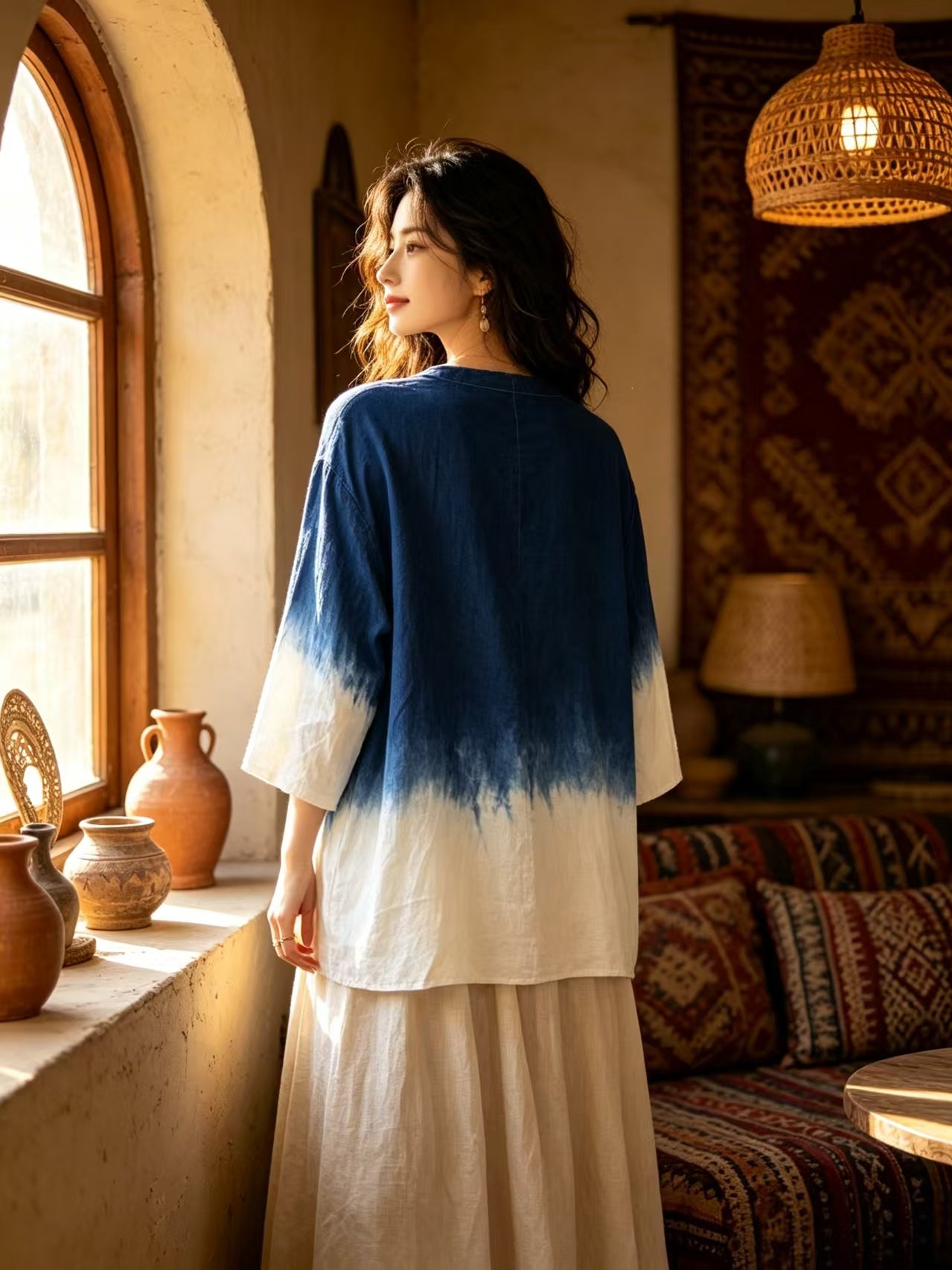 A woman stands by a sunlit window wearing a loose, wide-sleeved top with a blue-to-white tie-dye gradient and a long cream skirt in a warm, rustic interior with patterned cushions and pottery.
