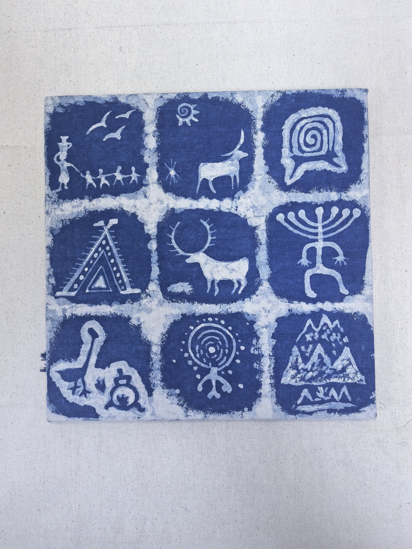 Handmade Indigo Batik Rock Art Wall Hanging, Framed Textile Art, Primitive Symbol Home Décor, Boho Wall Art