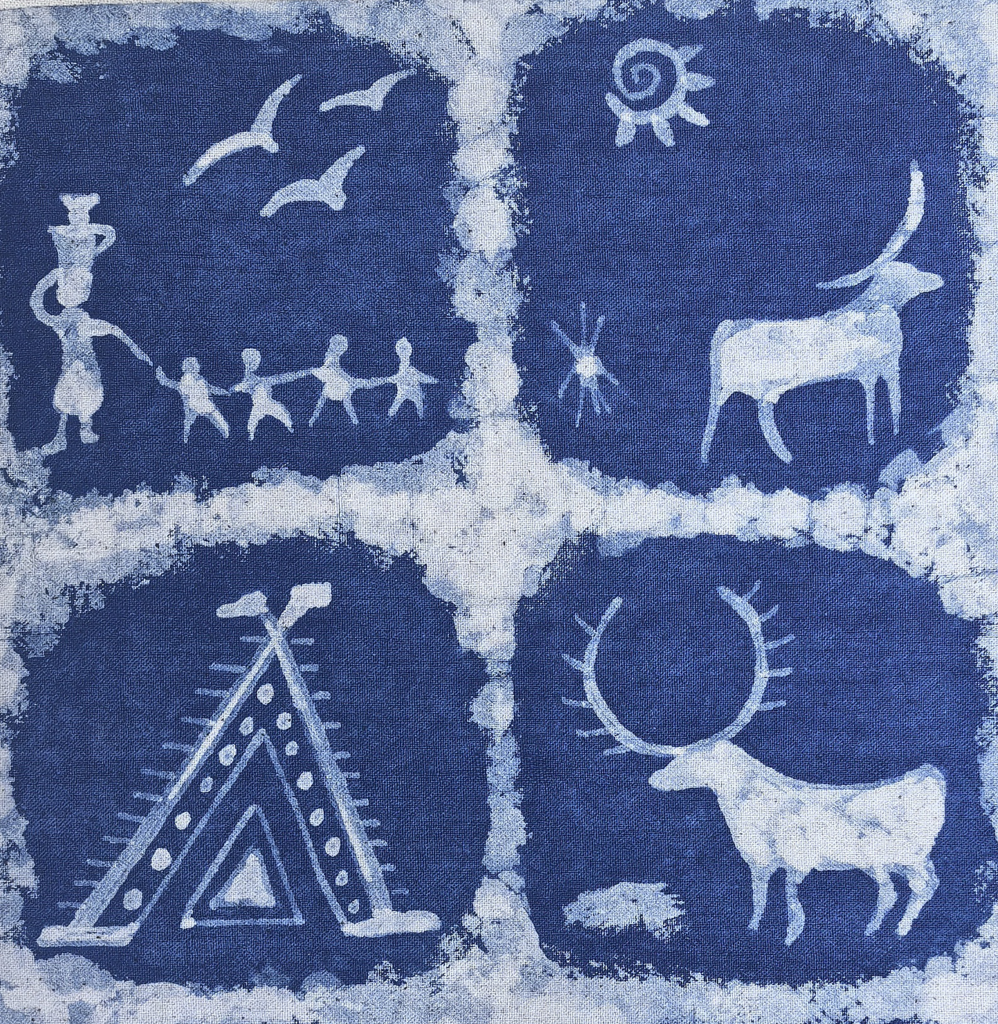 Handmade Indigo Batik Rock Art Wall Hanging, Framed Textile Art, Primitive Symbol Home Décor, Boho Wall Art