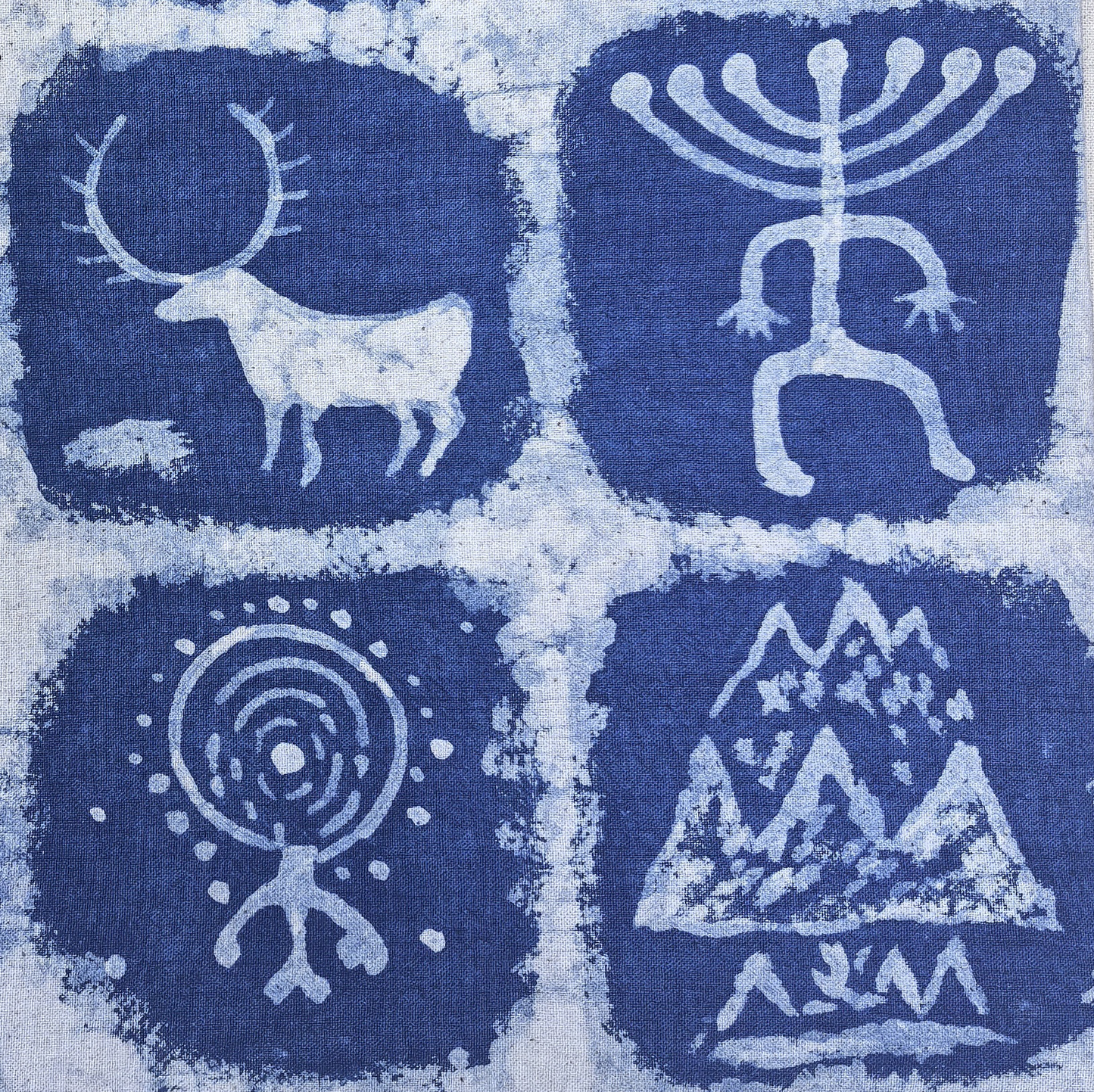 Handmade Indigo Batik Rock Art Wall Hanging, Framed Textile Art, Primitive Symbol Home Décor, Boho Wall Art