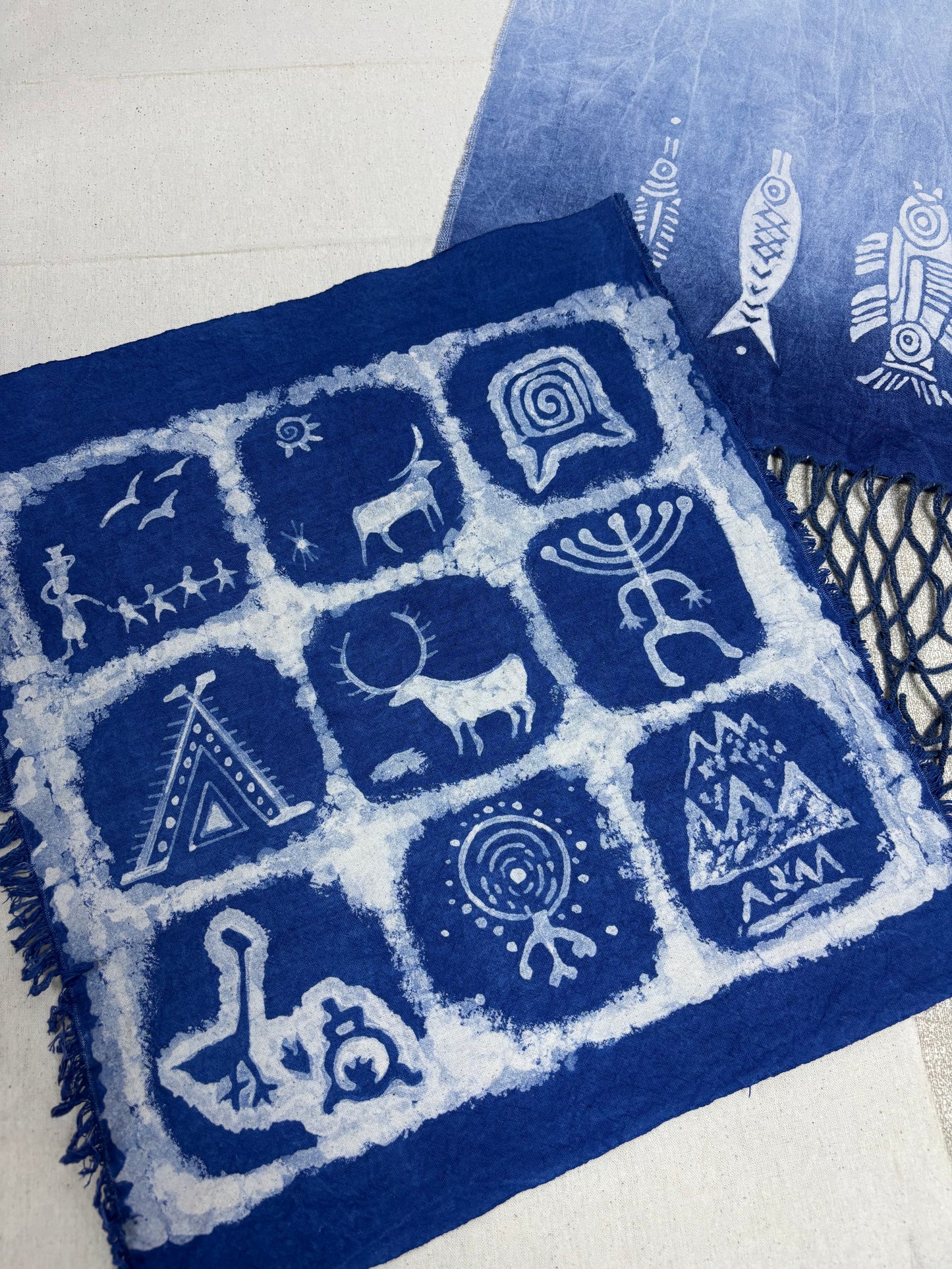 Handmade Indigo Batik Rock Art Wall Hanging, Framed Textile Art, Primitive Symbol Home Décor, Boho Wall Art