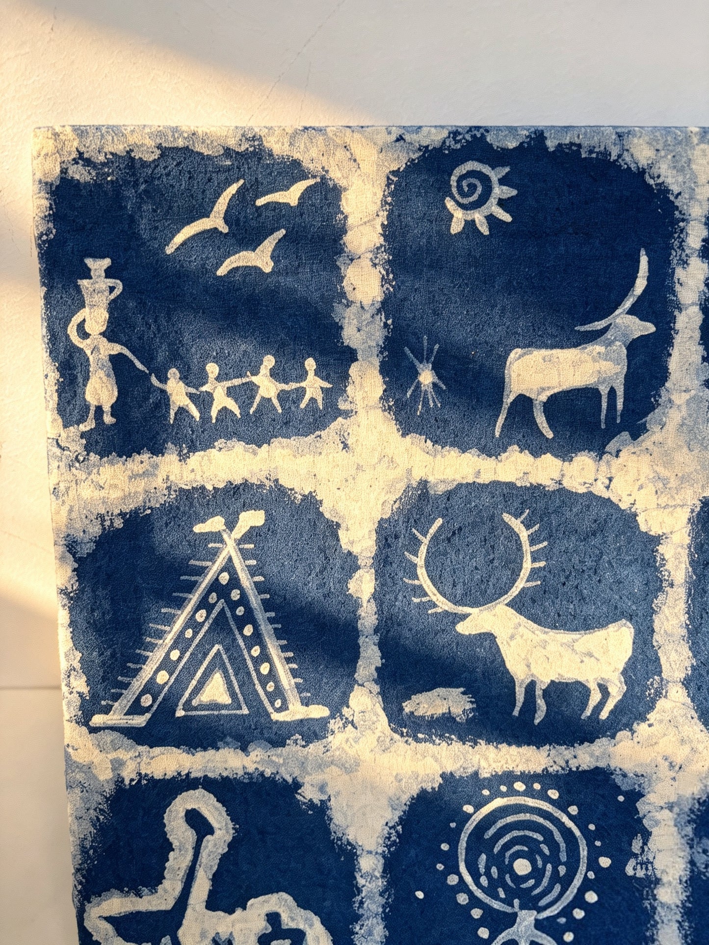 Handmade Indigo Batik Rock Art Wall Hanging, Framed Textile Art, Primitive Symbol Home Décor, Boho Wall Art