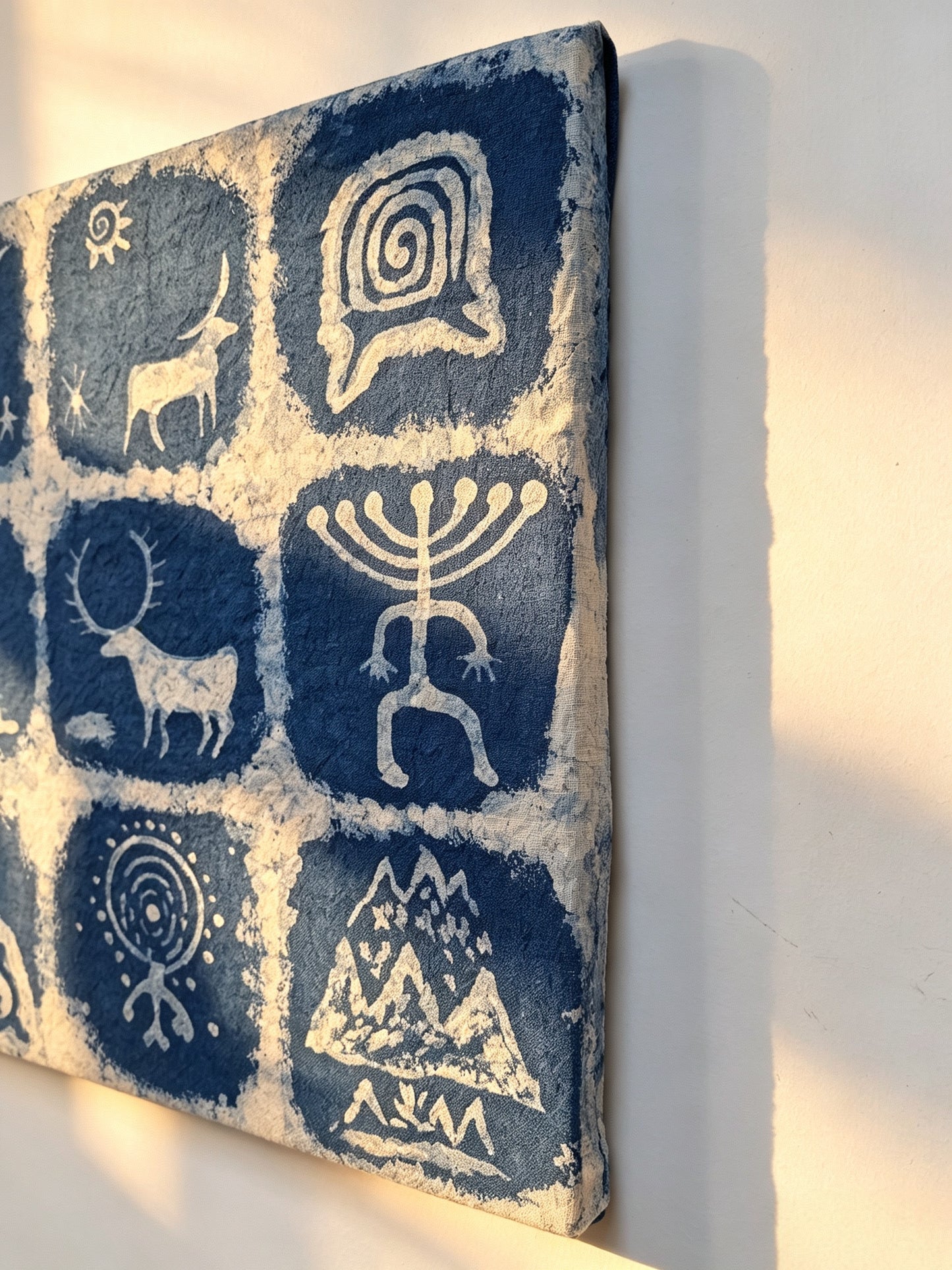 Handmade Indigo Batik Rock Art Wall Hanging, Framed Textile Art, Primitive Symbol Home Décor, Boho Wall Art