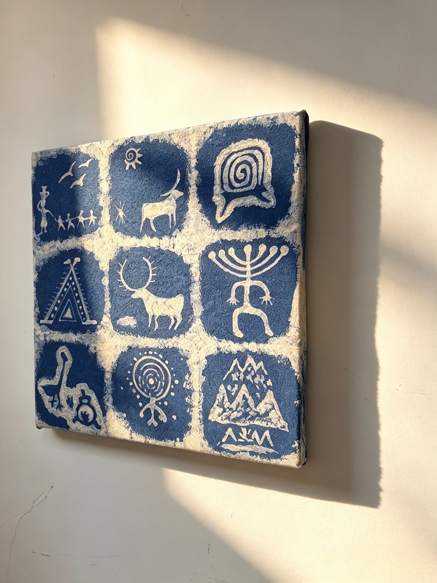 Handmade Indigo Batik Rock Art Wall Hanging, Framed Textile Art, Primitive Symbol Home Décor, Boho Wall Art