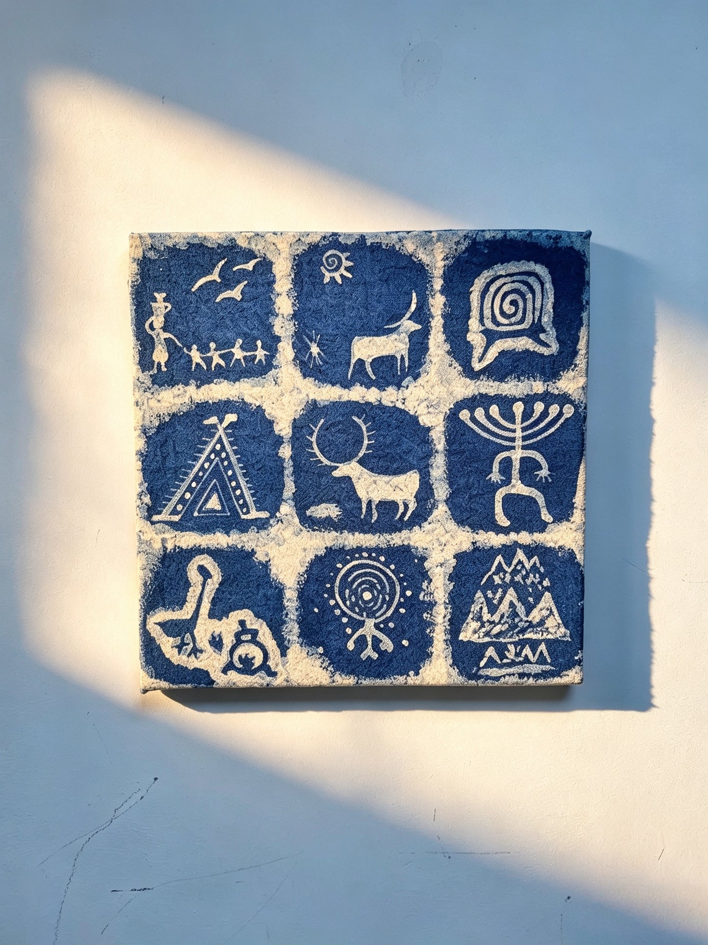 Handmade Indigo Batik Rock Art Wall Hanging, Framed Textile Art, Primitive Symbol Home Décor, Boho Wall Art