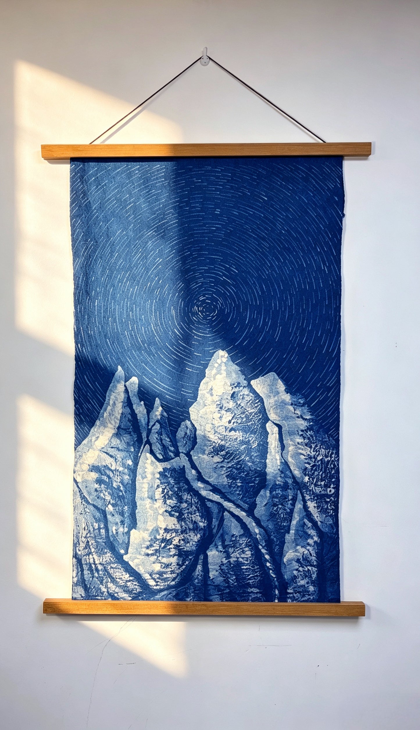 Star Trail Snow Mountain Batik Wall Hanging | Handmade Indigo Tapestry | Rustic Farmhouse Wall Art | Wabi-Sabi Textile Decor  Astronomy Gift