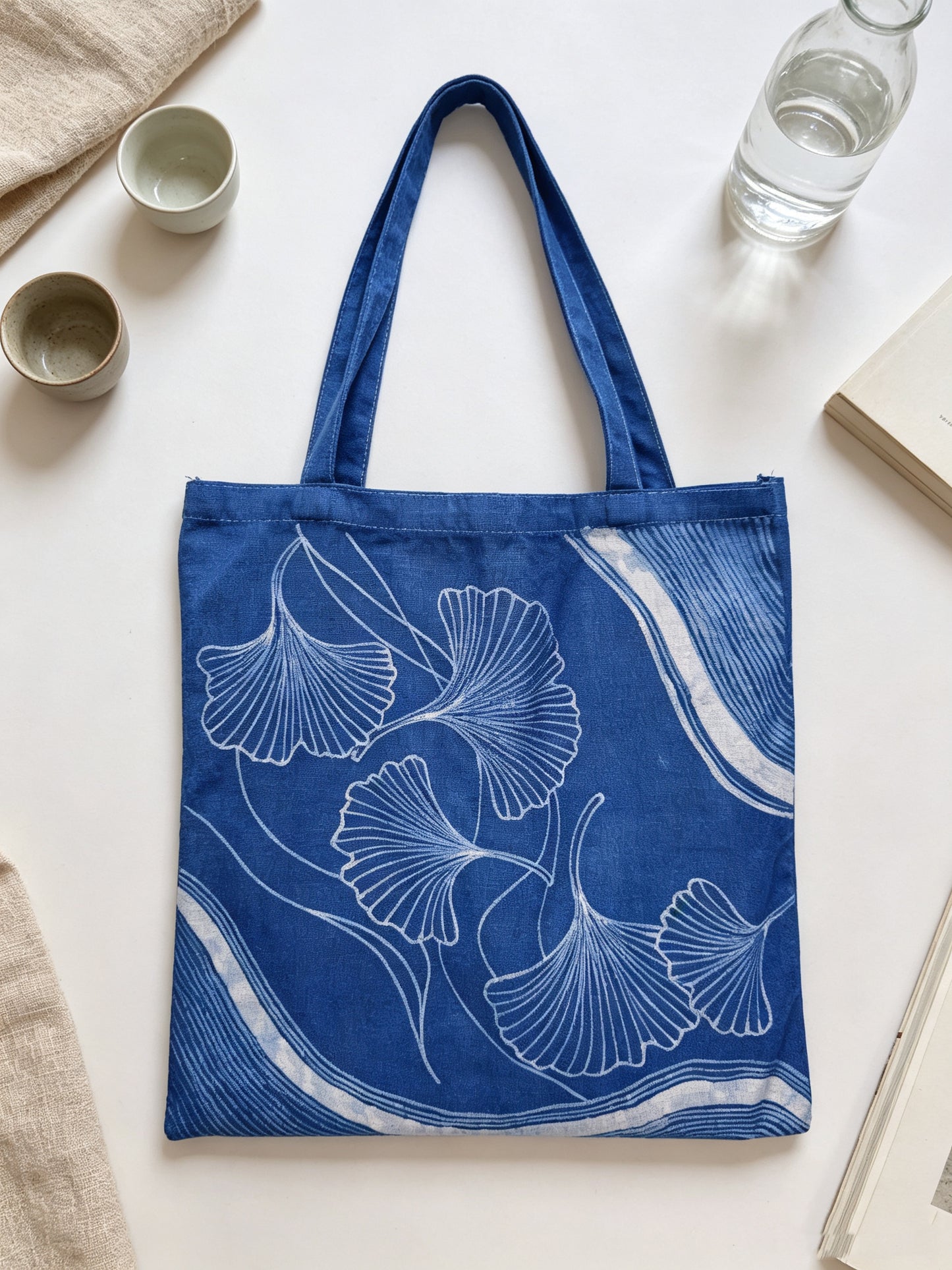 Handmade Indigo Batik Ginkgo Tote Bag, Large Cotton Canvas Shoulder Bag, Eco-Friendly Everyday Market Tote