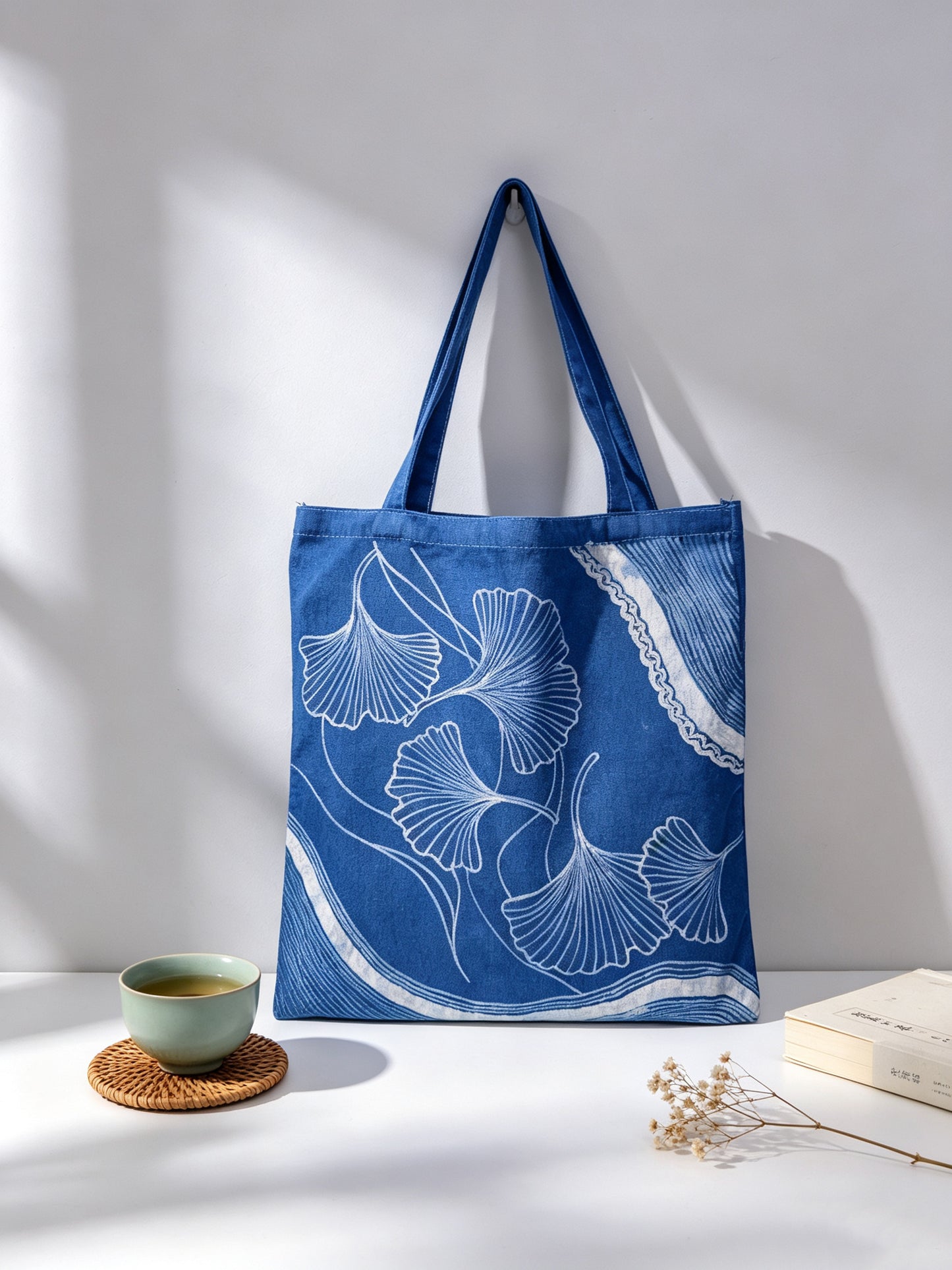Handmade Indigo Batik Ginkgo Tote Bag, Large Cotton Canvas Shoulder Bag, Eco-Friendly Everyday Market Tote