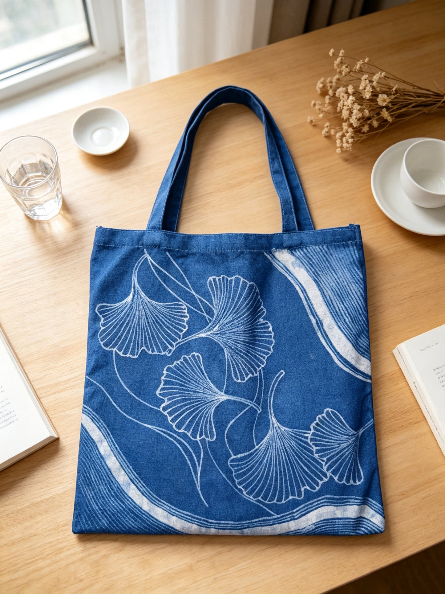 Handmade Indigo Batik Ginkgo Tote Bag, Large Cotton Canvas Shoulder Bag, Eco-Friendly Everyday Market Tote