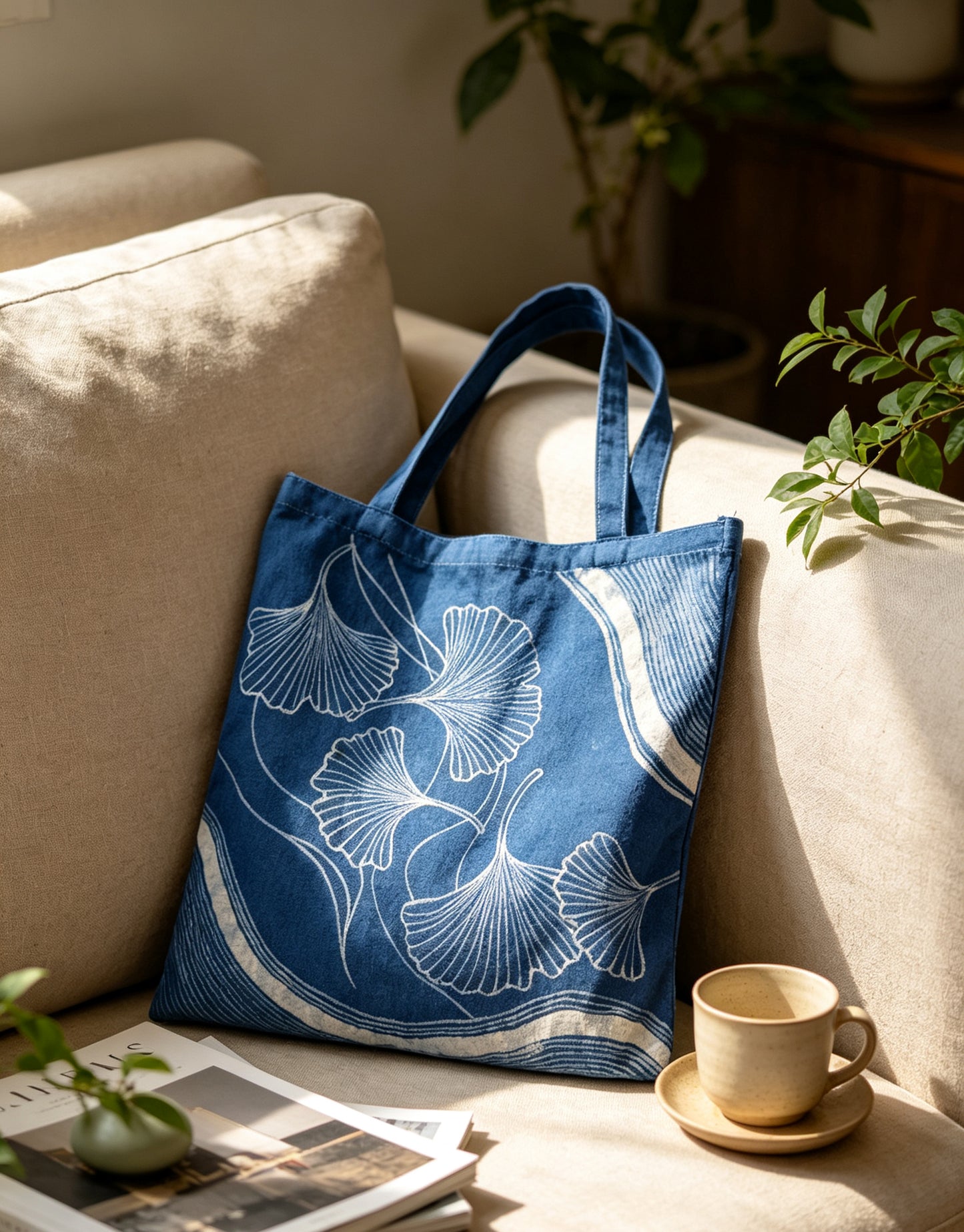 Handmade Indigo Batik Ginkgo Tote Bag, Large Cotton Canvas Shoulder Bag, Eco-Friendly Everyday Market Tote