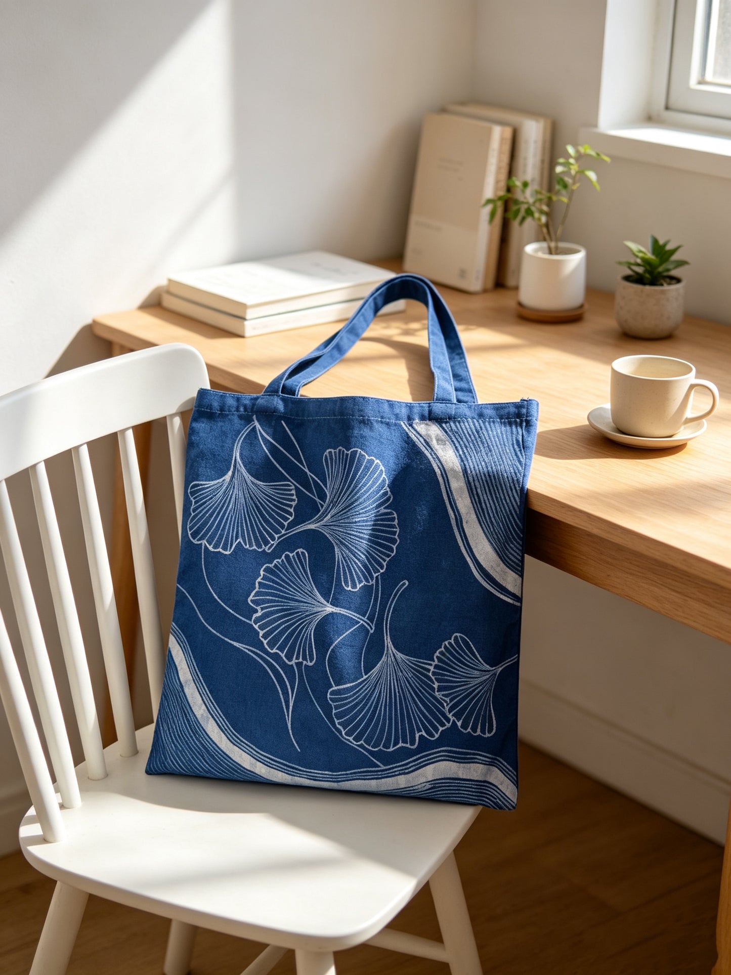 Handmade Indigo Batik Ginkgo Tote Bag, Large Cotton Canvas Shoulder Bag, Eco-Friendly Everyday Market Tote