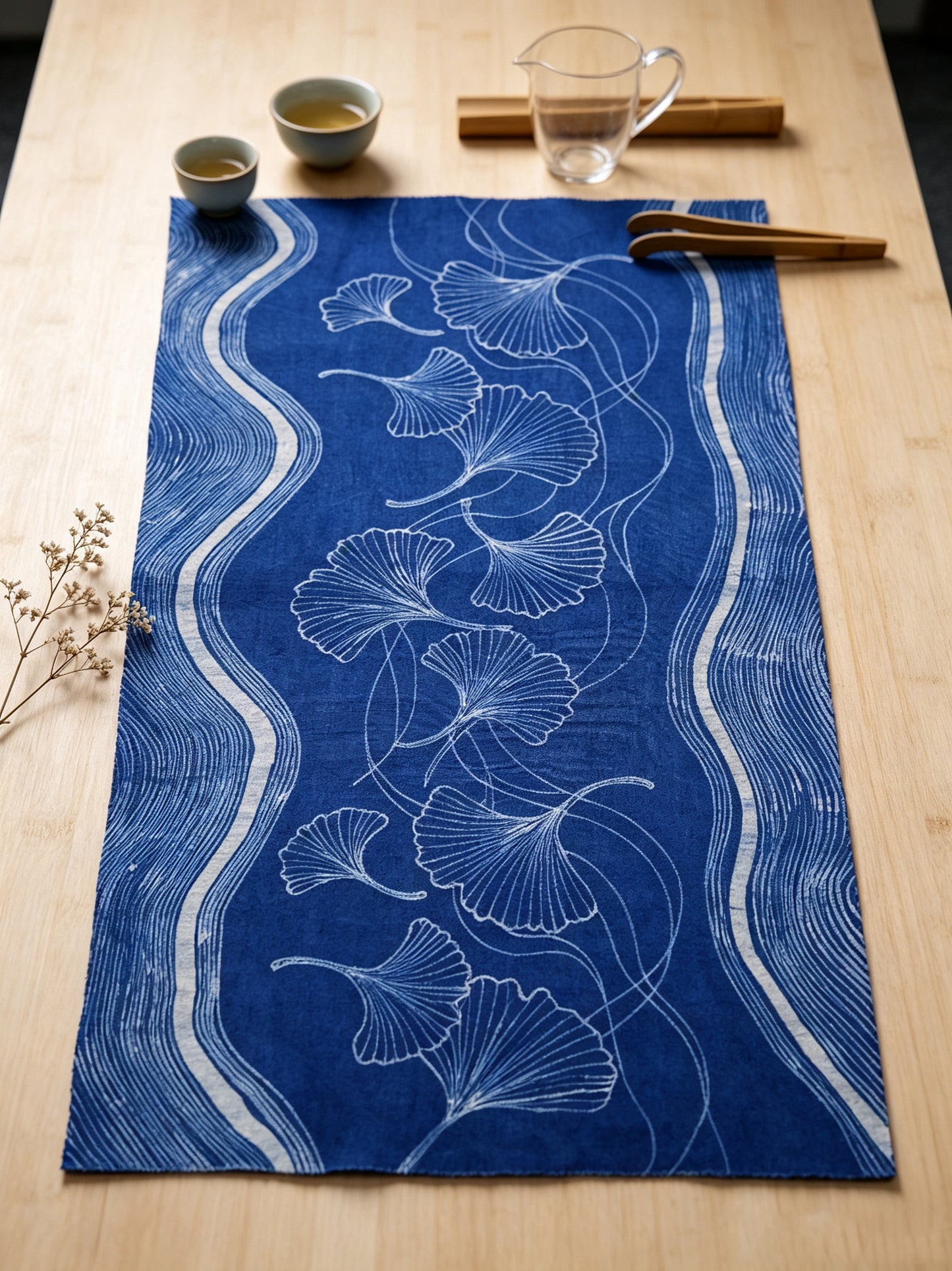 Handmade Indigo Batik Ginkgo Wall Hanging, Botanical Textile Art, Wabi-Sabi Zen Home Décor, Cotton Wall Art