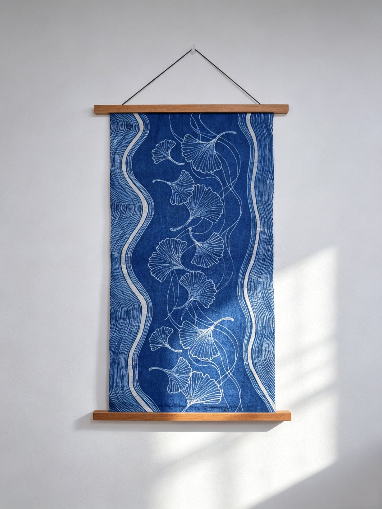 Handmade Indigo Batik Ginkgo Wall Hanging, Botanical Textile Art, Wabi-Sabi Zen Home Décor, Cotton Wall Art