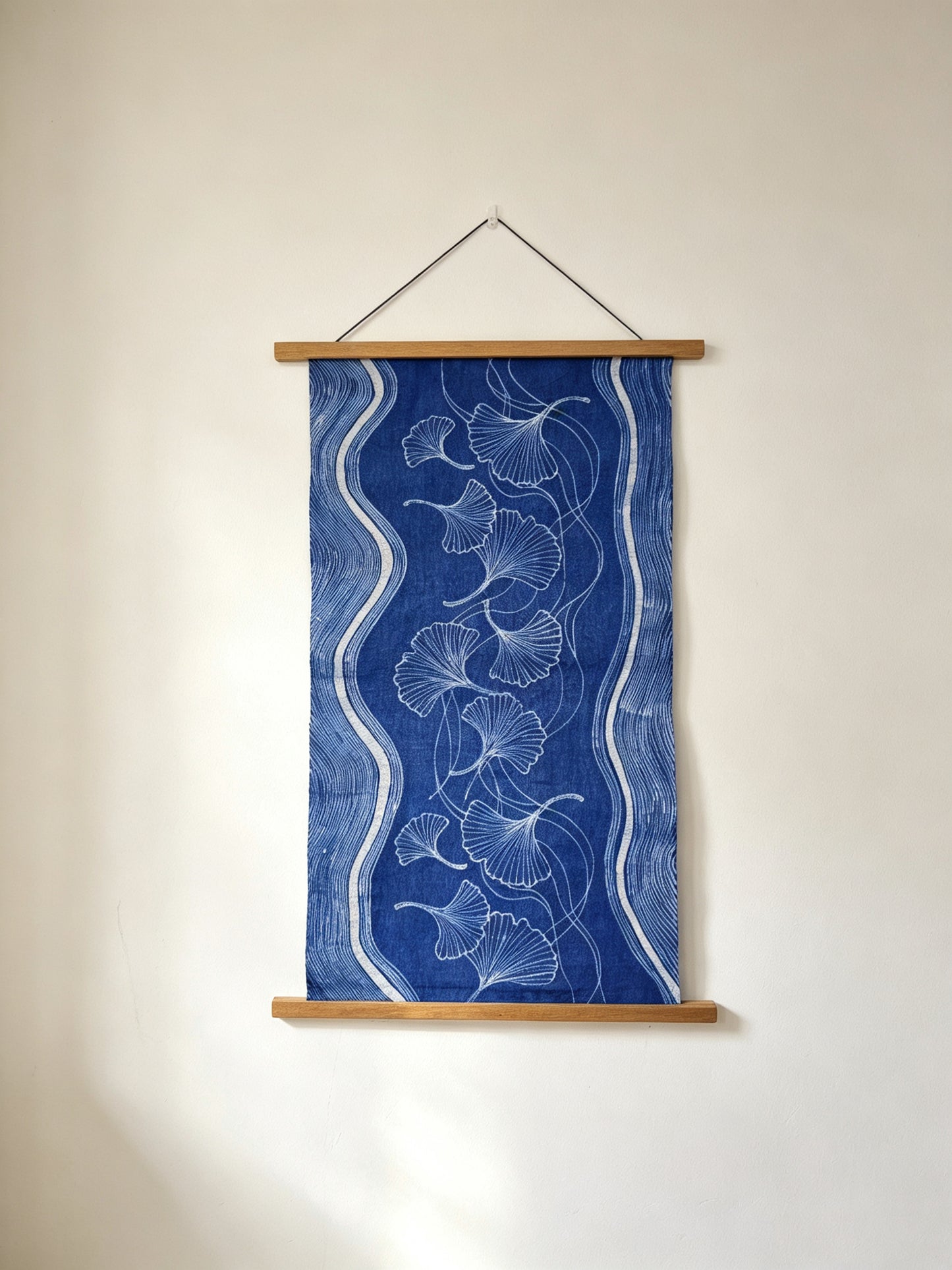 Handmade Indigo Batik Ginkgo Wall Hanging, Botanical Textile Art, Wabi-Sabi Zen Home Décor, Cotton Wall Art