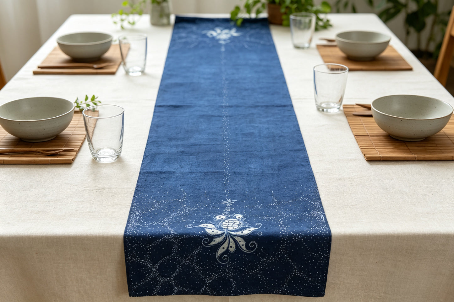 Handmade Indigo Batik Goldfish Table Runner, Vintage Homespun Cotton, Natural Indigo Dining Table Décor, Bubble Fish Design