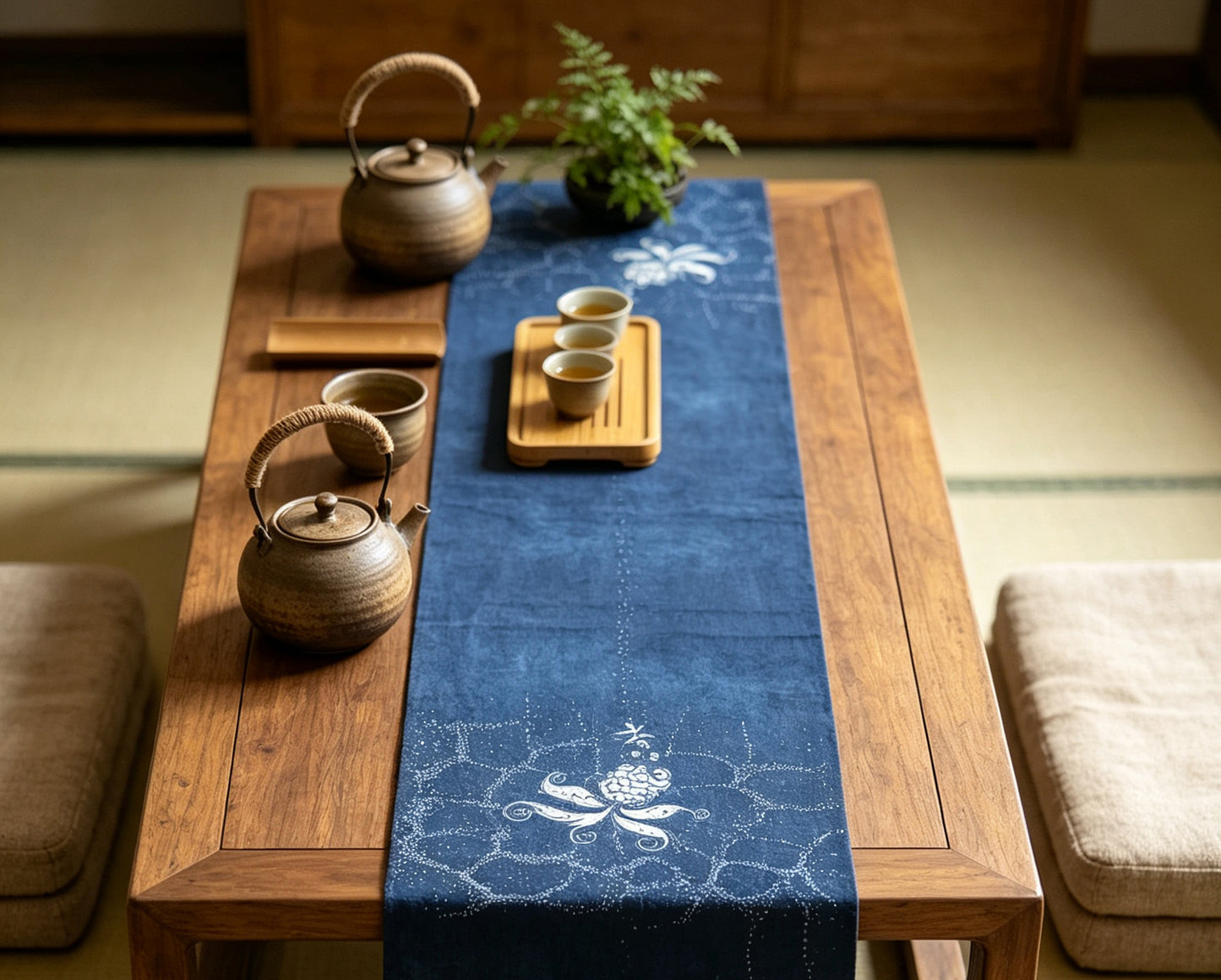 Handmade Indigo Batik Goldfish Table Runner, Vintage Homespun Cotton, Natural Indigo Dining Table Décor, Bubble Fish Design