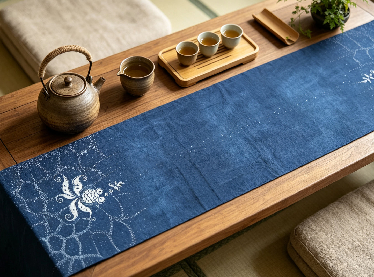 Handmade Indigo Batik Goldfish Table Runner, Vintage Homespun Cotton, Natural Indigo Dining Table Décor, Bubble Fish Design