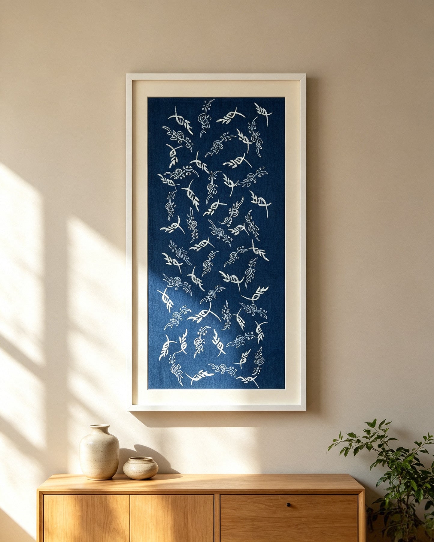 Handmade Indigo Batik Nüshu Wall Hanging, Women's Script Textile Art, Chinese Heritage Home Décor