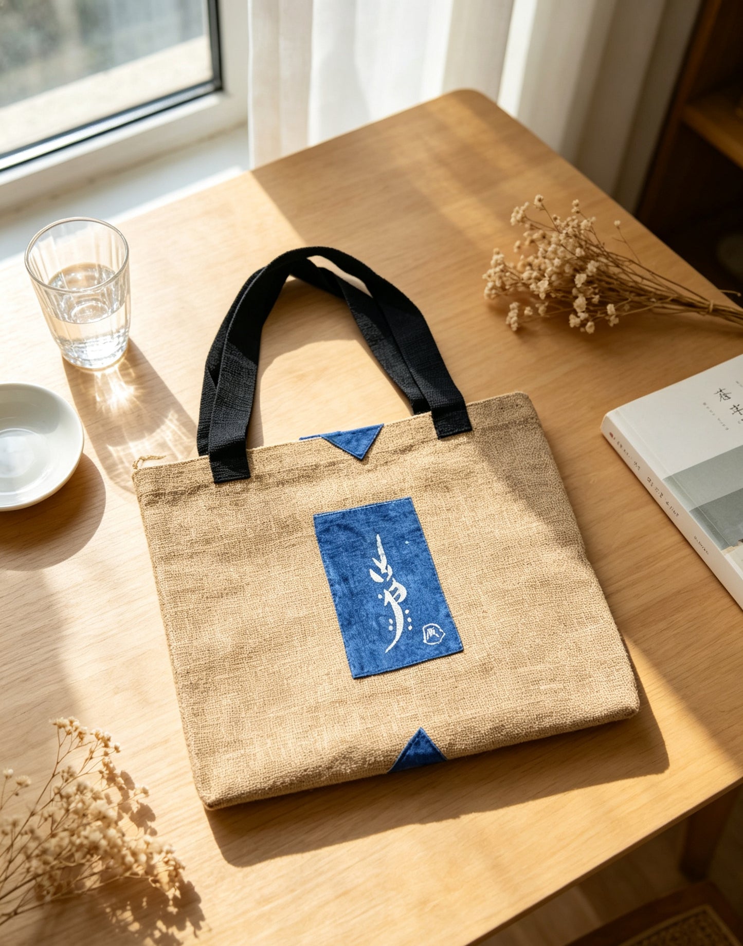 Handmade Jute Tote Bag, Double-Sided Indigo Batik Nüshu & Phoenix Design, Artisan Eco-Friendly Shoulder Bag