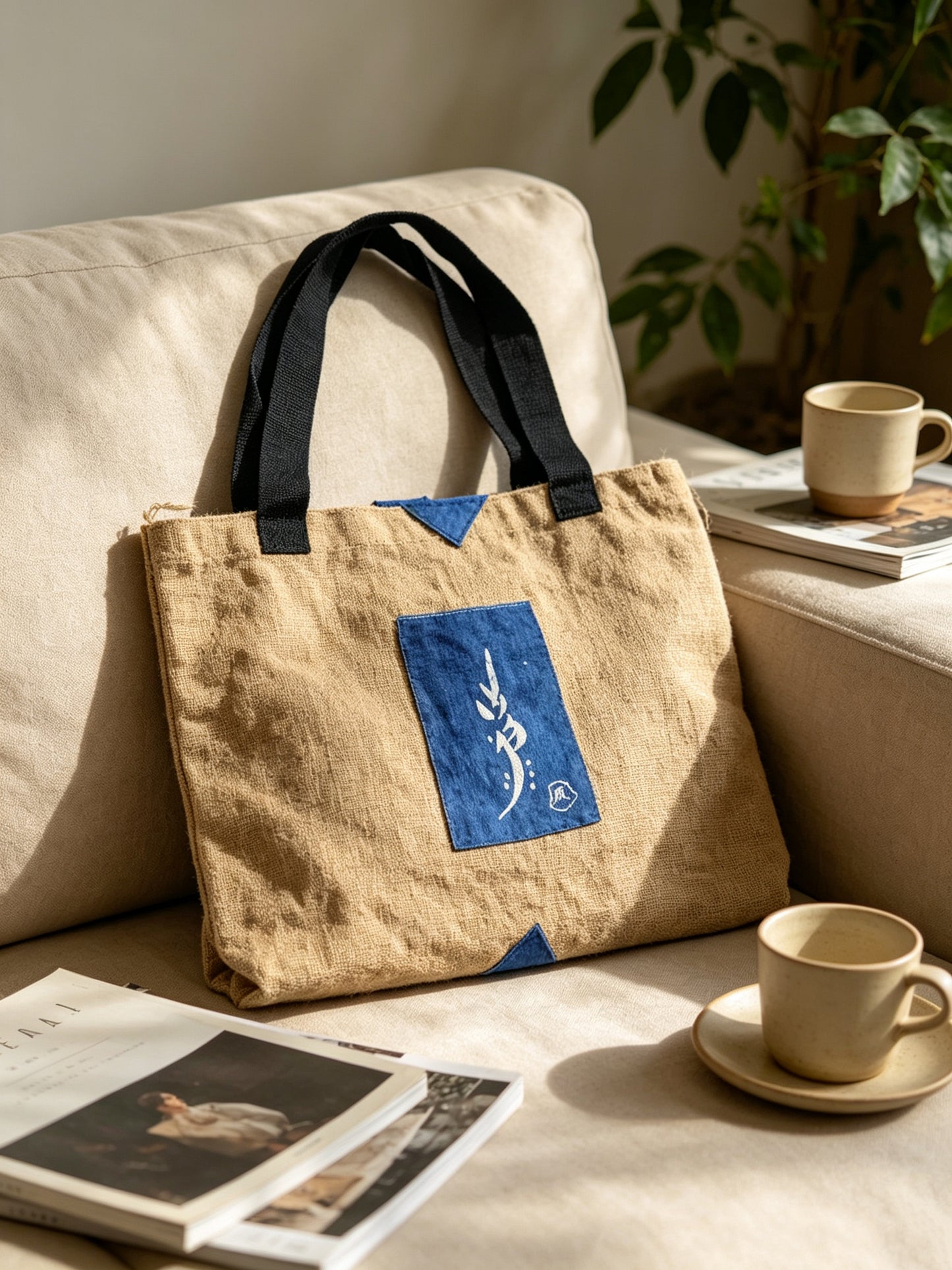 Handmade Jute Tote Bag, Double-Sided Indigo Batik Nüshu & Phoenix Design, Artisan Eco-Friendly Shoulder Bag
