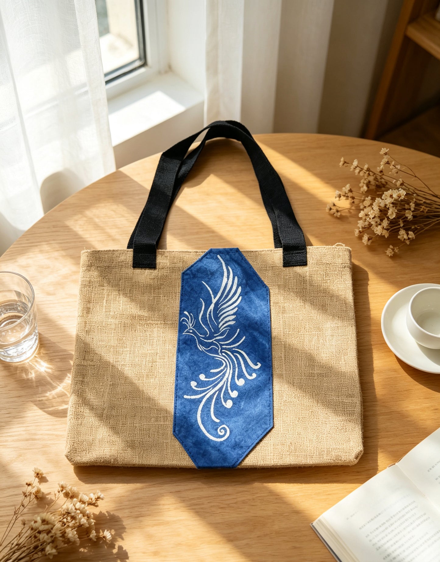 Handmade Jute Tote Bag, Double-Sided Indigo Batik Nüshu & Phoenix Design, Artisan Eco-Friendly Shoulder Bag