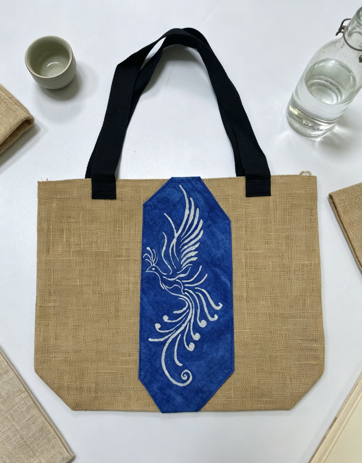 Handmade Jute Tote Bag, Double-Sided Indigo Batik Nüshu & Phoenix Design, Artisan Eco-Friendly Shoulder Bag