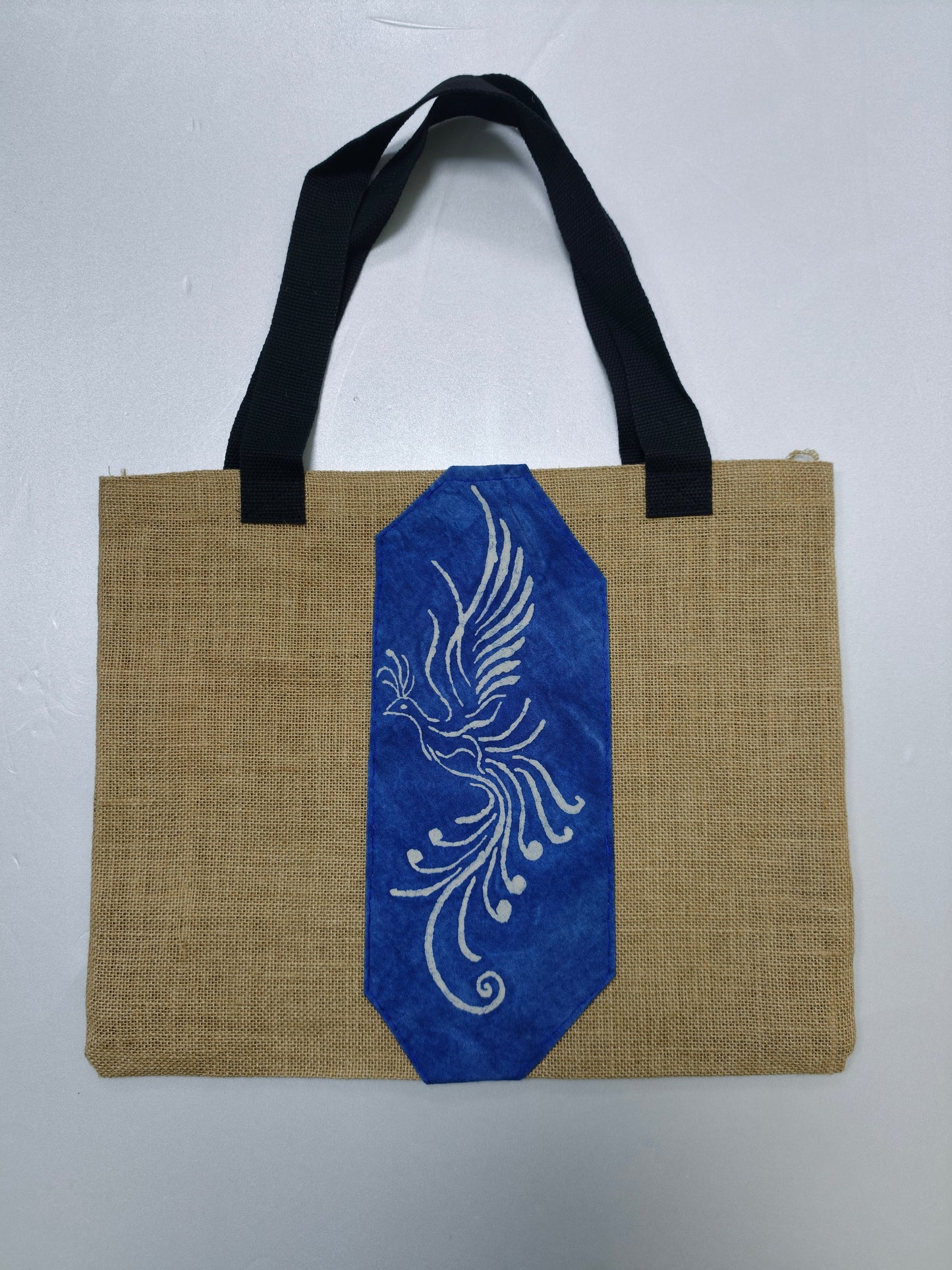 Handmade Jute Tote Bag, Double-Sided Indigo Batik Nüshu & Phoenix Design, Artisan Eco-Friendly Shoulder Bag