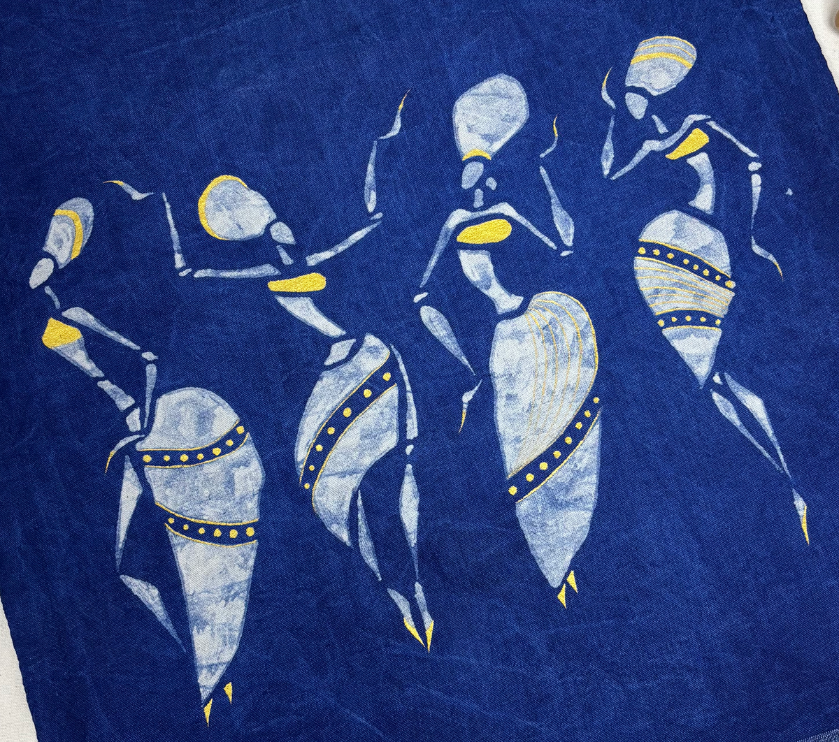 Dancing Women Wall Art, Indigo & Gold Batik Wall Hanging, Feminine Boho Decor, Handmade Textile Art, Mother Earth Tapestry