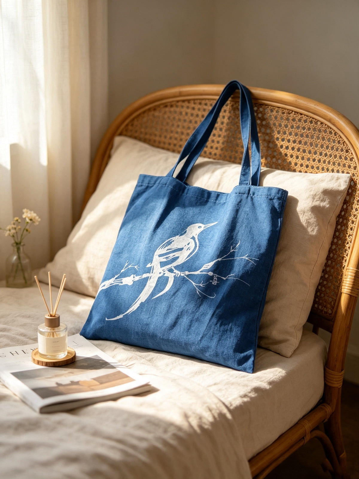 Nüshu Happiness Batik Tote Bag, Magpie Plum Blossom Natural Indigo Canvas Bag, Handmade Chinese Art Tote, Wedding Gift