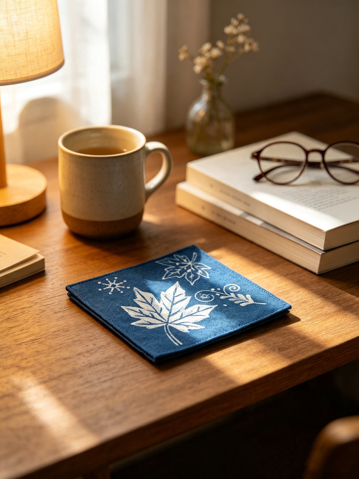 Handmade Indigo Batik Coasters, Maple Leaf Fabric Coaster, Chinese Textile Art, Tea Cup Mat, Botanical Table Decor, 4.7 Inch