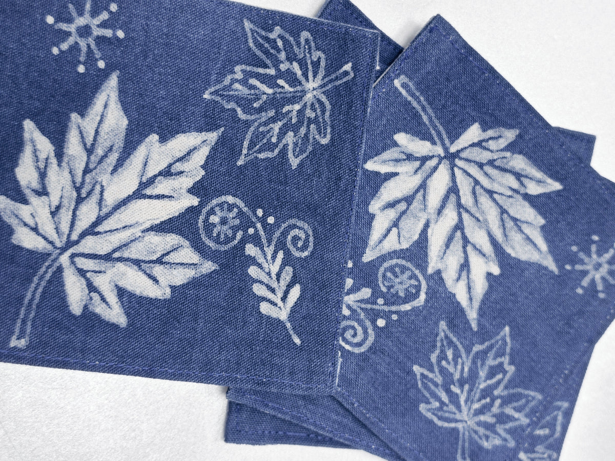 Handmade Indigo Batik Coasters, Maple Leaf Fabric Coaster, Chinese Textile Art, Tea Cup Mat, Botanical Table Decor, 4.7 Inch