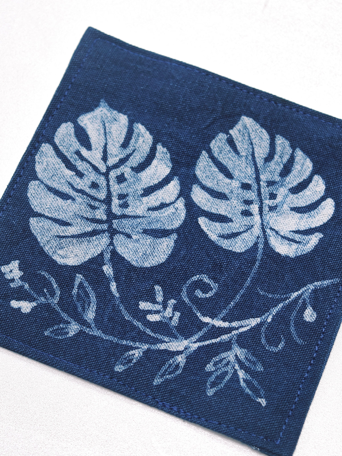 Handmade Indigo Batik Monstera Coaster | Tropical Leaf Textile Art | Natural Indigo Cotton Drink Coaster | Tea Table Decor