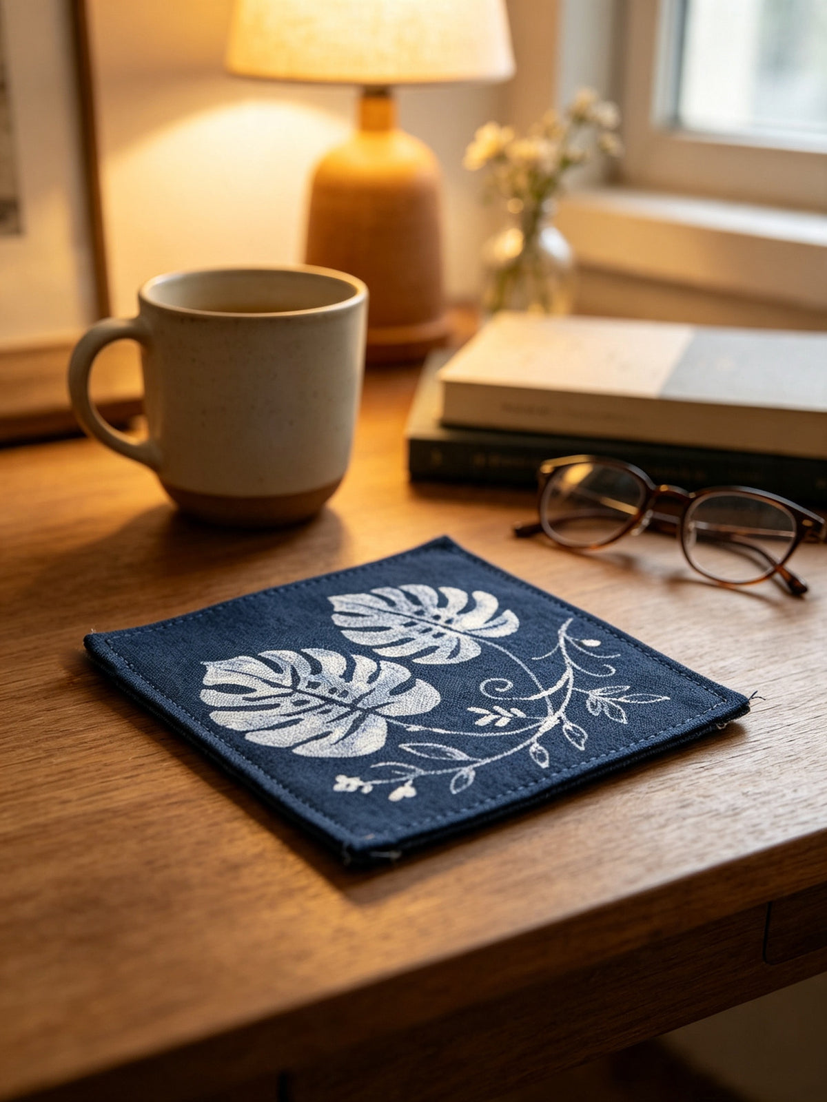 Handmade Indigo Batik Monstera Coaster | Tropical Leaf Textile Art | Natural Indigo Cotton Drink Coaster | Tea Table Decor