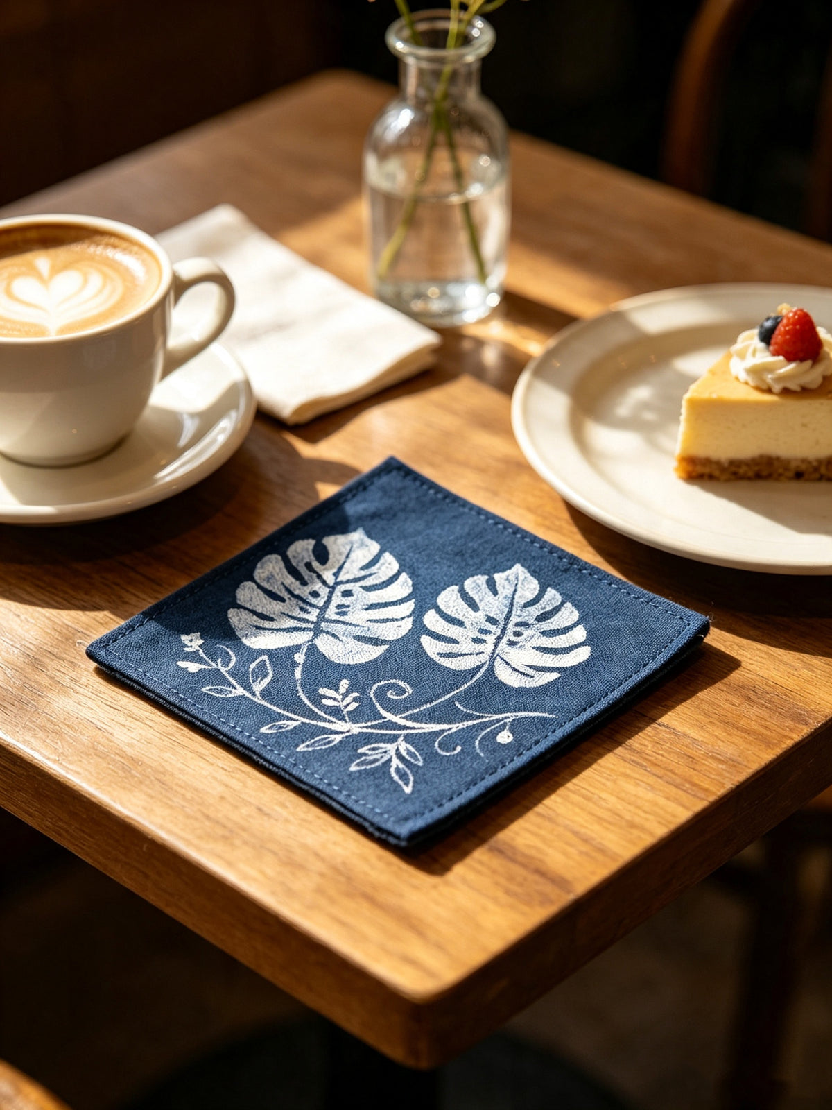 Handmade Indigo Batik Monstera Coaster | Tropical Leaf Textile Art | Natural Indigo Cotton Drink Coaster | Tea Table Decor