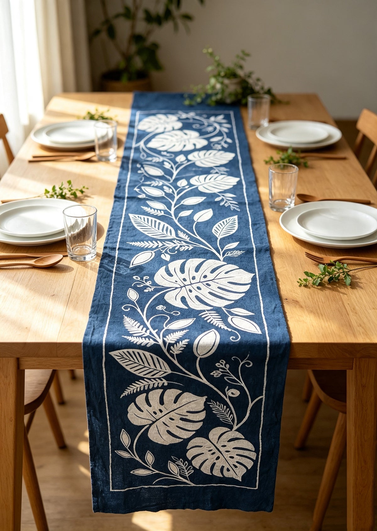 Handmade Indigo Batik Table Runner, Monstera Leaf Botanical Table Decor, Natural Indigo Cotton Tea Mat, Blue Boho Table Runner