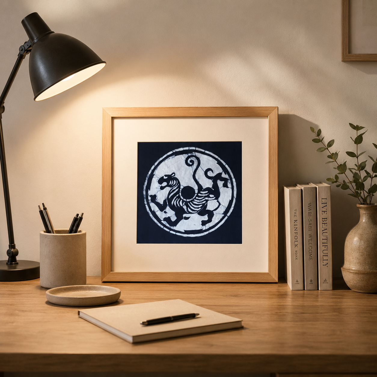 Handmade Indigo Batik Four Sacred Beasts Wall Art | Chinese Mythical Animal Textile Art | Framed Fiber Wall Decor | Japandi Home Decor