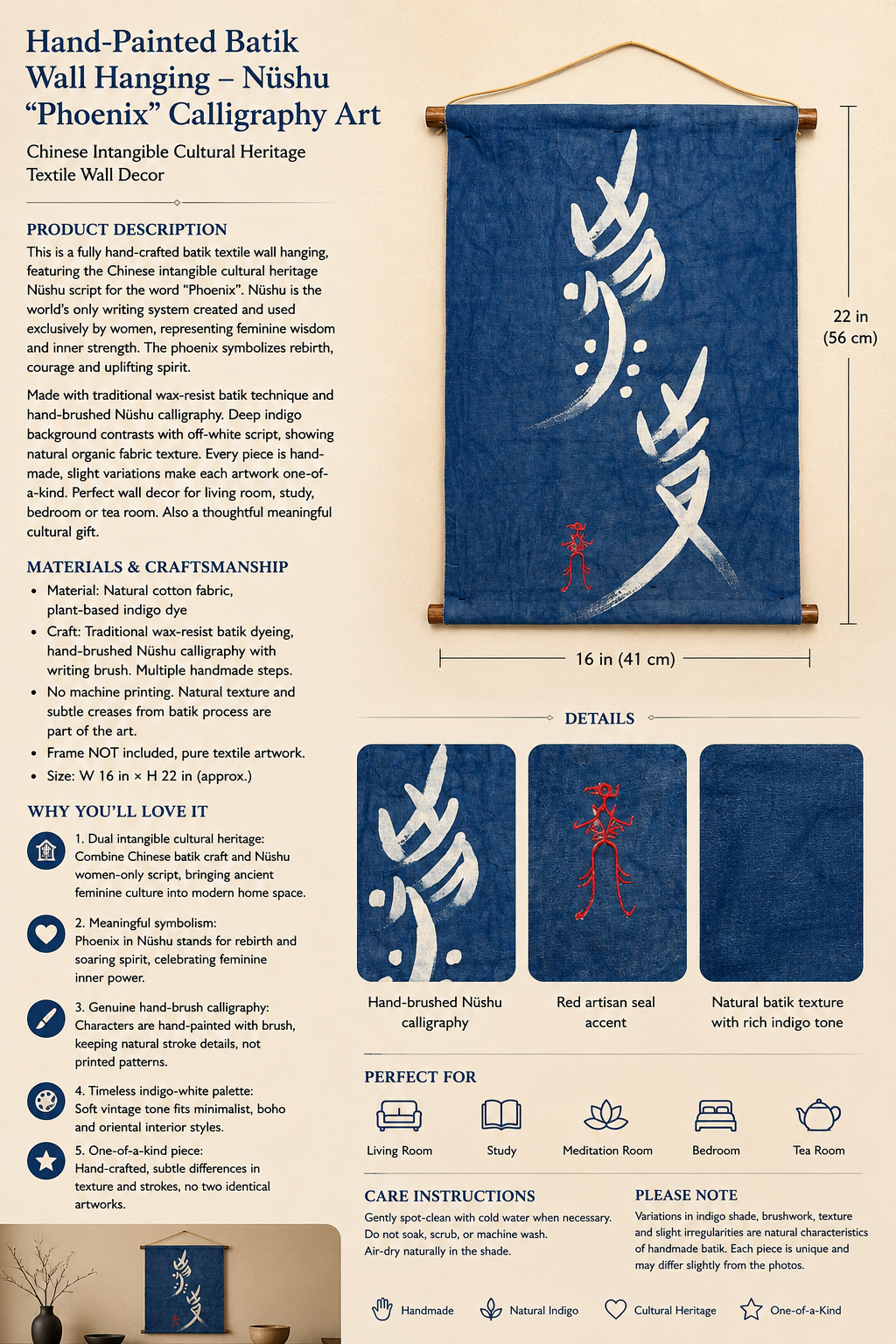 Nüshu Phoenix Wall Art, Handmade Indigo Batik Textile, Chinese Calligraphy Wall Hanging, Feminine Strength Decor