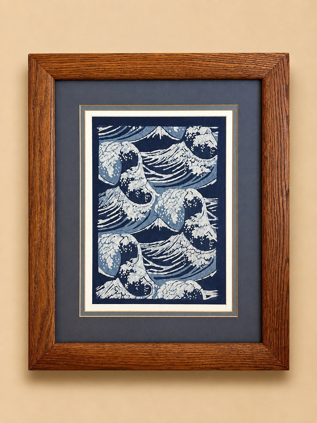 Ocean Waves Batik Wall Art – Handmade Indigo Textile Art, Coastal Wall Decor, Dorm & Apartment Decor, A4 Framed or Unframed