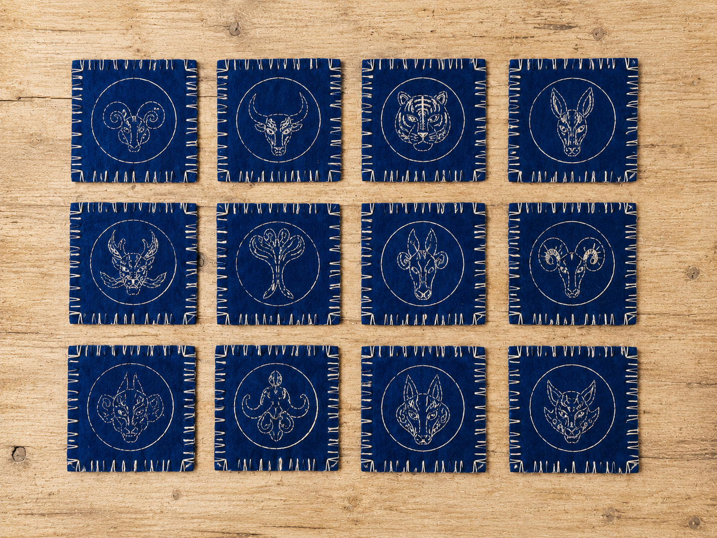 Handmade Indigo Batik Zodiac Coasters, Set of 12 Chinese Zodiac Tea Coasters, Nüshu Embroidered Cotton Drink Coasters