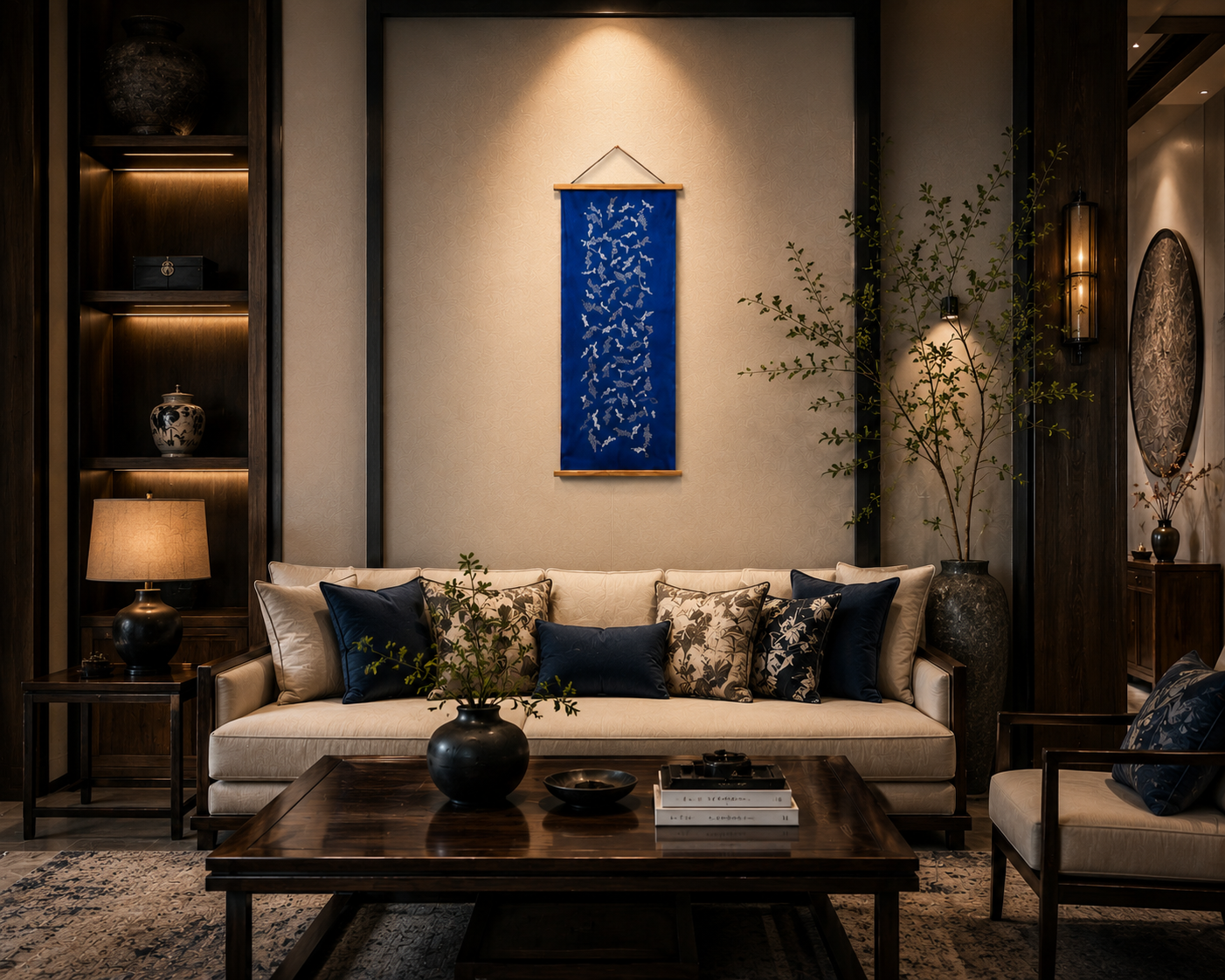 Handmade Indigo Batik Nüshu Wall Hanging, Women's Script Textile Art, Chinese Heritage Home Décor
