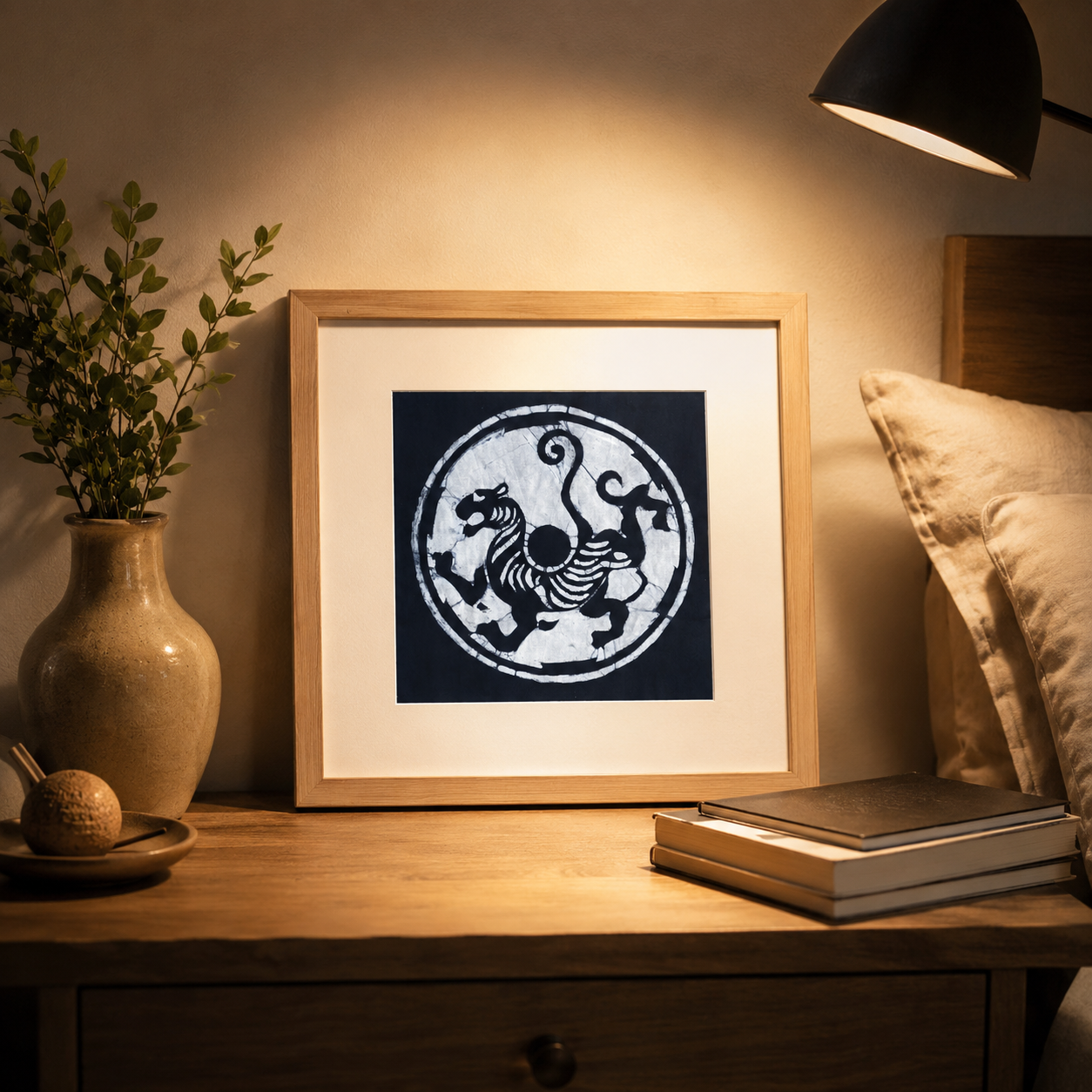 Handmade Indigo Batik Four Sacred Beasts Wall Art | Chinese Mythical Animal Textile Art | Framed Fiber Wall Decor | Japandi Home Decor