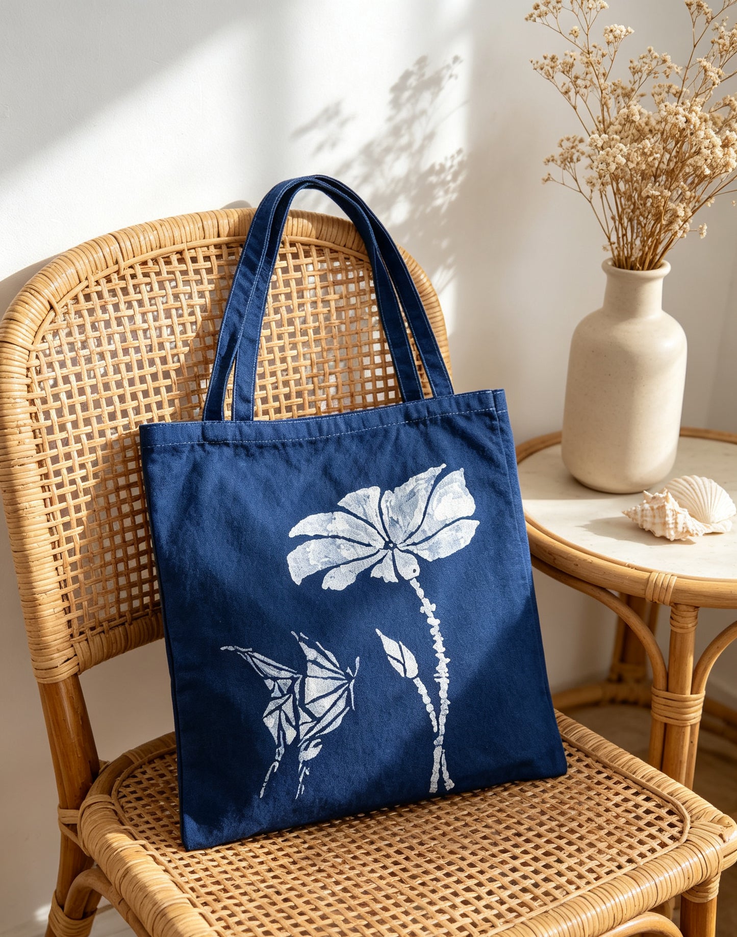 Handmade Indigo Batik Lotus Butterfly Tote Bag, Cotton Canvas Shoulder Bag, Eco-Friendly Everyday Market Tote