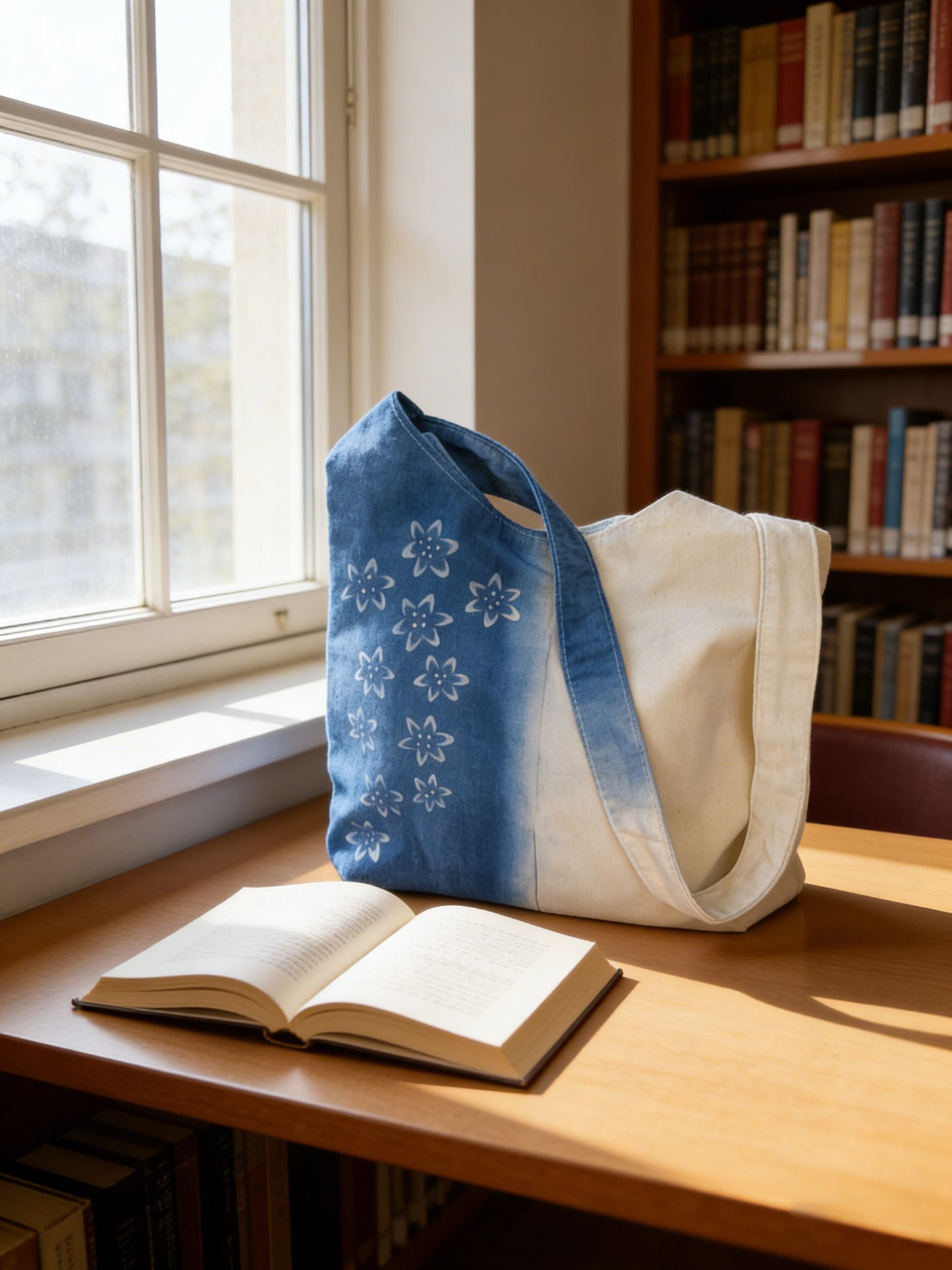 Two tote bags, one blue with floral patterns and one white, on a wooden surface with an open book nearby.