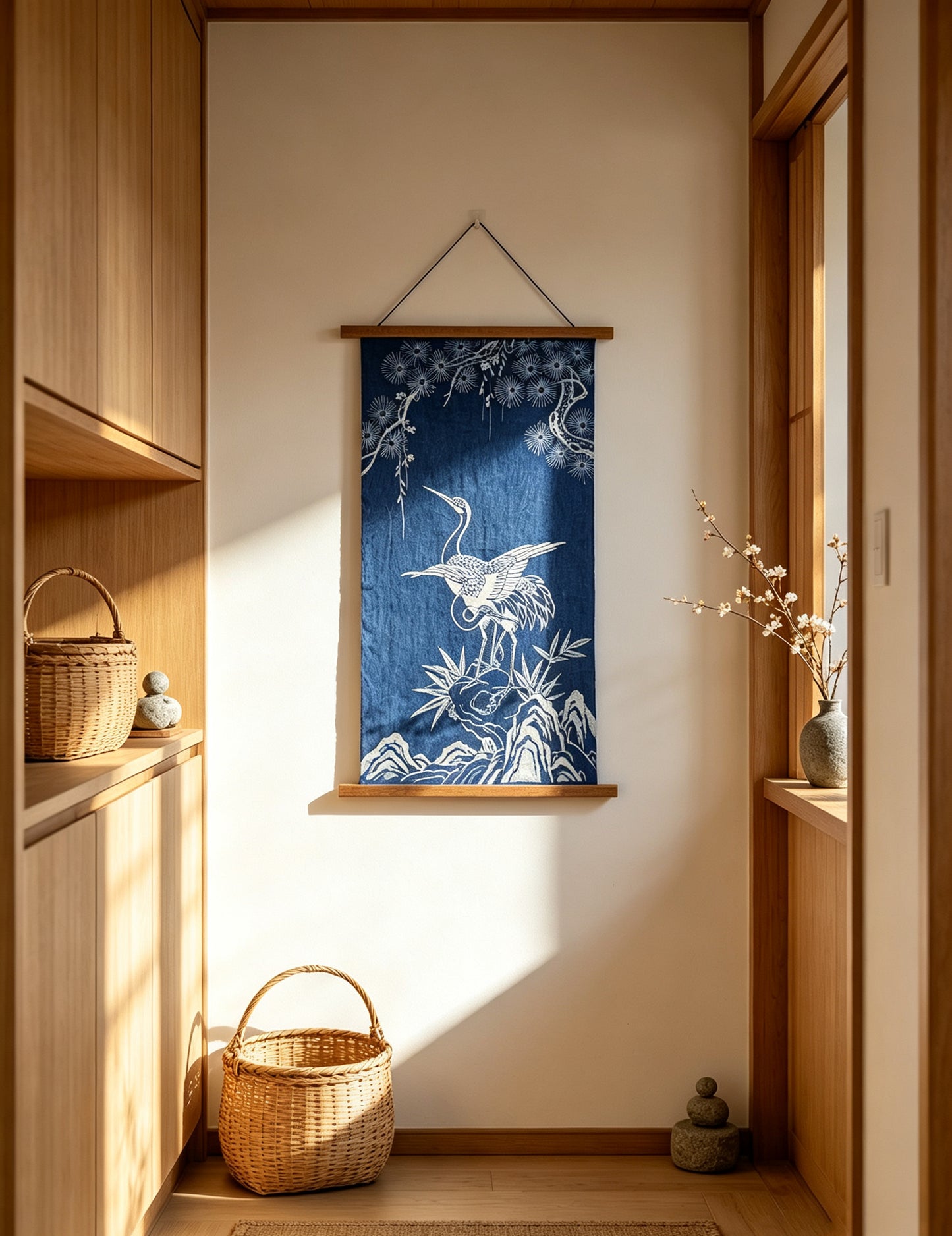 Handmade Indigo Batik Pine & Crane Wall Hanging, Chinese Longevity Textile Art, Zen Home Décor, Cotton Wall Art