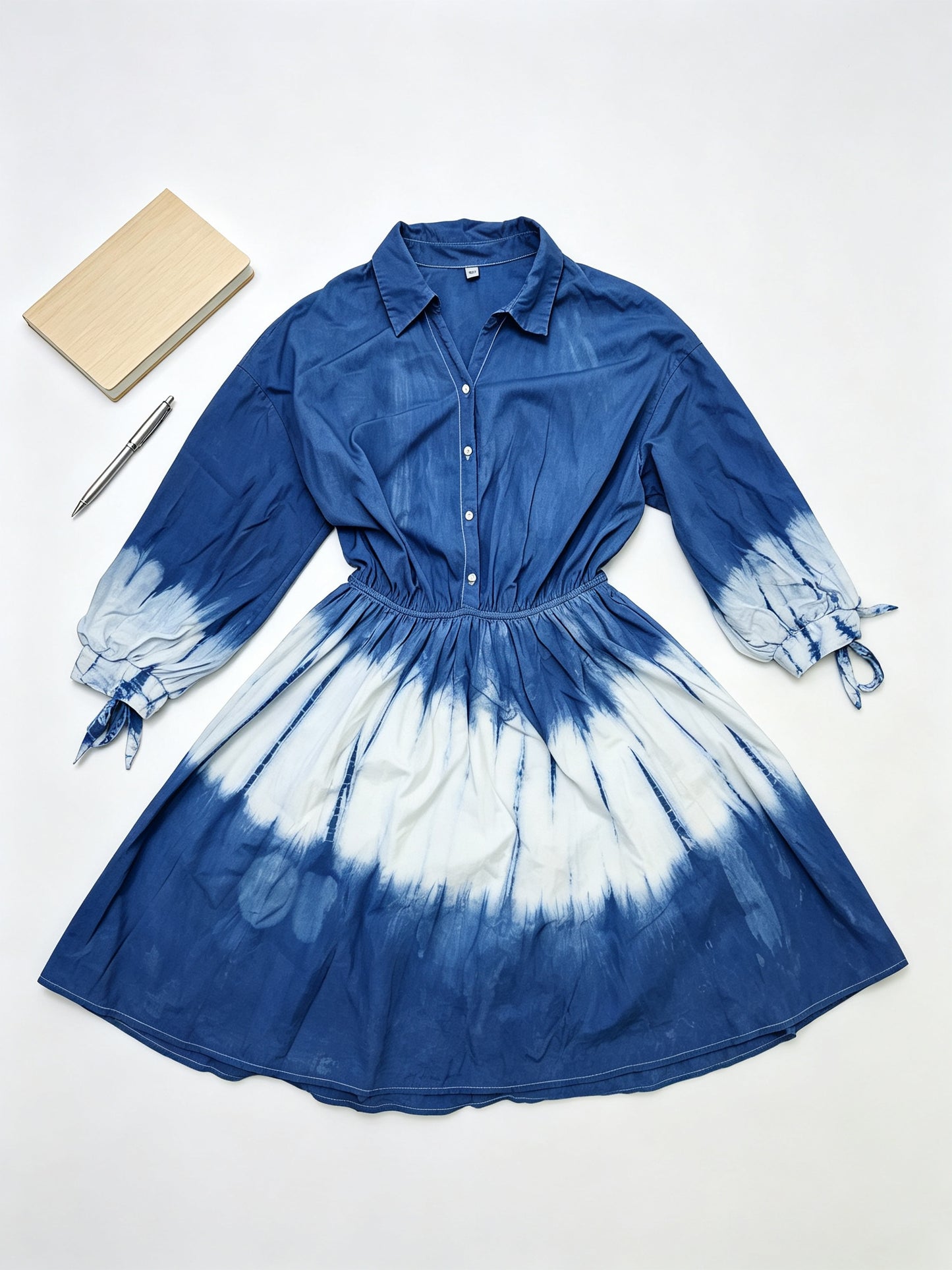 Handmade Indigo Tie-Dye Shirt Dress | Natural Cotton Belted Mini Dress | Boho Three-Quarter Sleeve Dress
